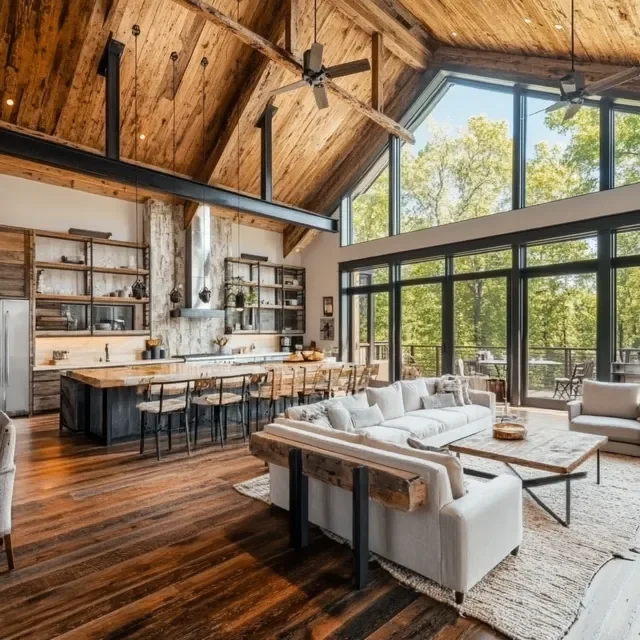 Open-concept living room and kitchen with vaulted wooden ceiling, large windows, and modern furniture in a home surrounded by trees.