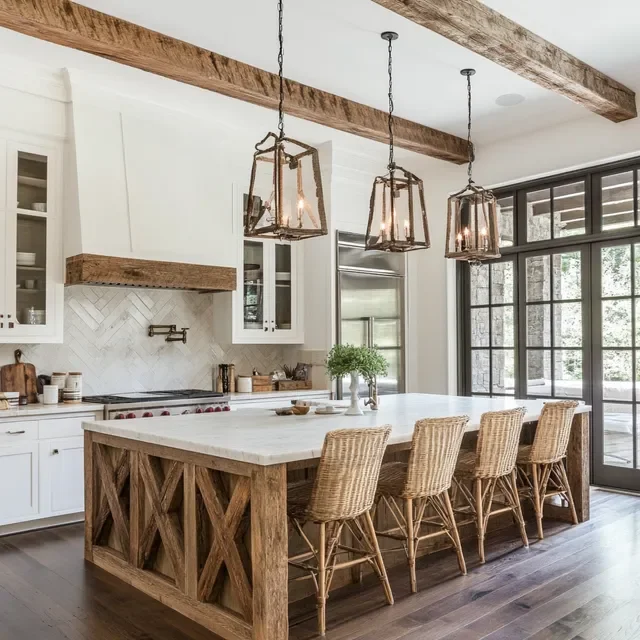 Modern kitchen with a large wooden island, wicker chairs, white cabinets, and hanging pendant lights.