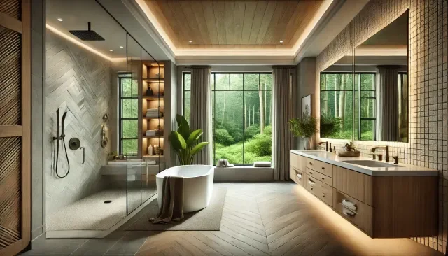 Modern bathroom with a freestanding bathtub, walk-in shower, large window with greenery outside, and contemporary decor.