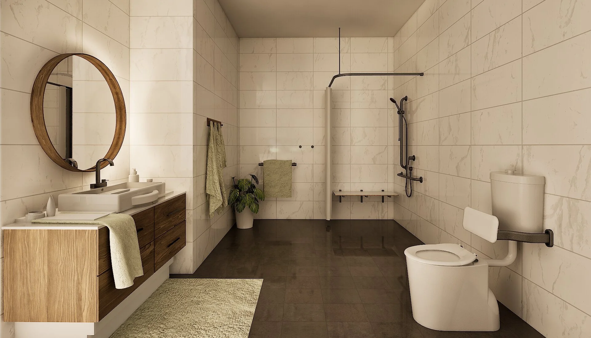 Accessible bathroom in an Avenue SDA apartment with a level-access roll-in shower, grab rails and turning space