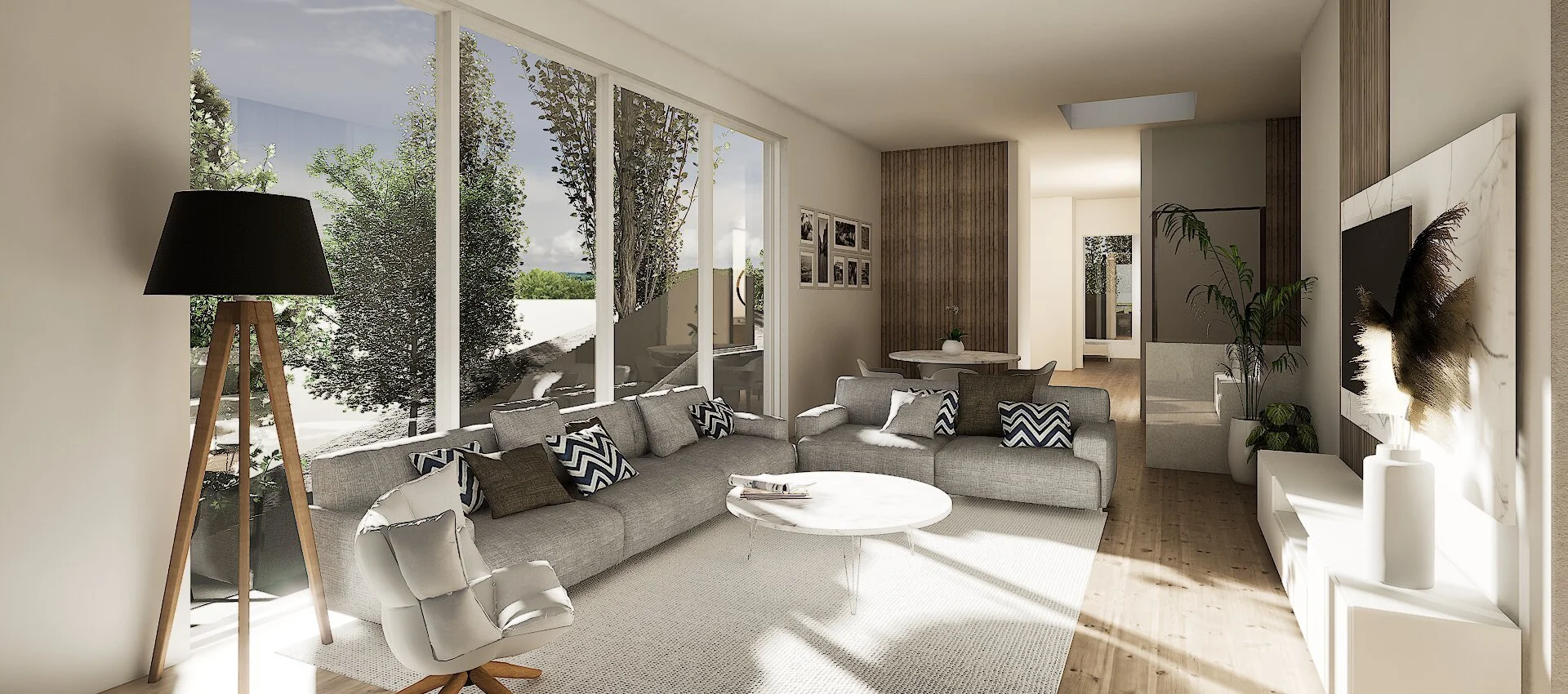 Open-plan living and dining area in an accessible Avenue apartment, with full-height windows onto the trees