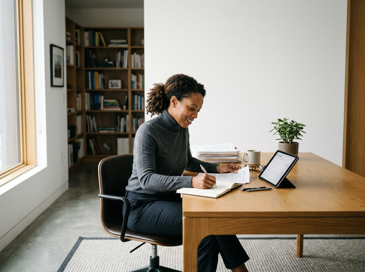 A woman sits at a wooden desk, smiling, writing in a notebook with a pen, with a tablet and a cup on the desk, in a well-lit room with bookshelves in the background.