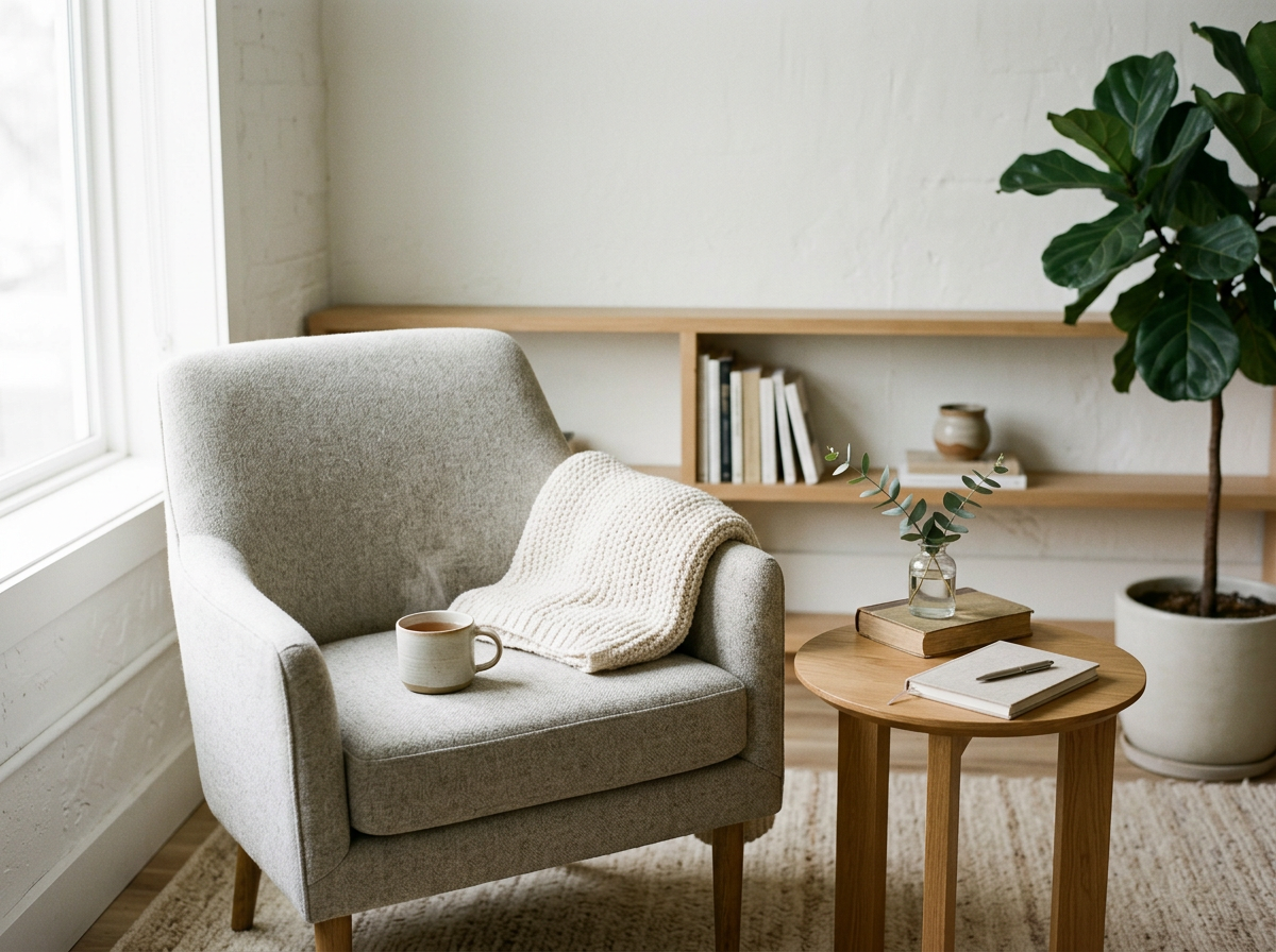 Cozy living room corner with gray armchair, coffee mug, side table with notebook and pen, potted fiddle leaf fig, and wooden bookshelf with books and decor.