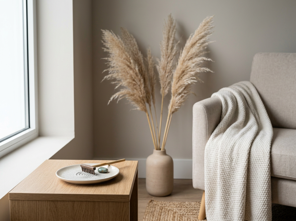 Living room corner with beige sofa, white throw blanket, wooden coffee table with grooming tools and stones, tall vase with pampas grass, near a window with natural light.