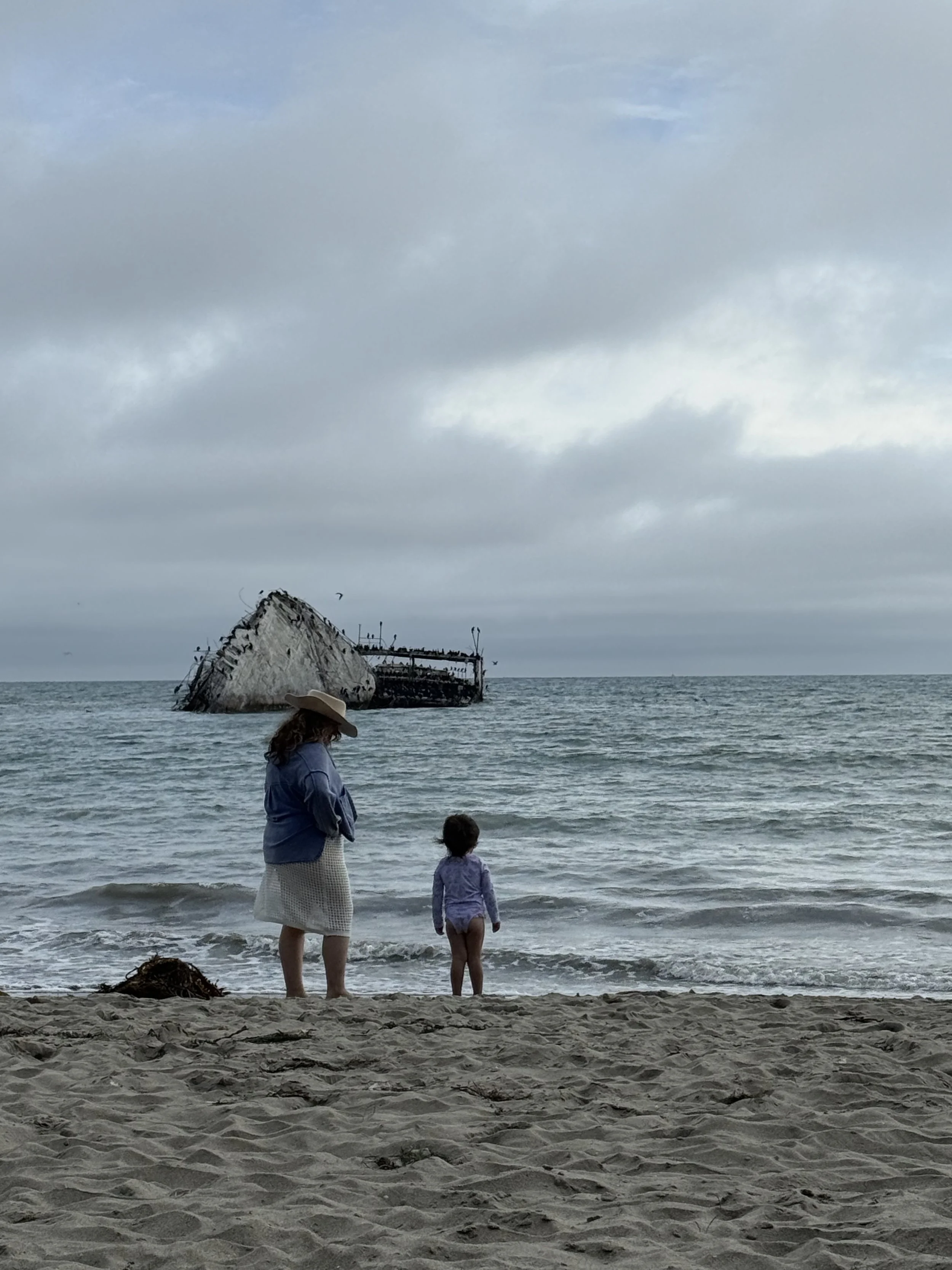 A woman and a young girl standing on the sandy beach by the water, looking out towards a large, partially submerged shipwreck and a docked boat under a cloudy sky.