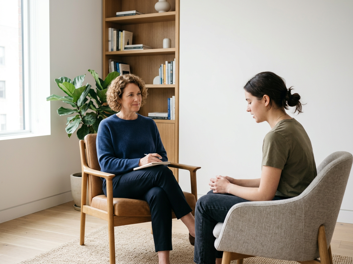A woman therapist taking notes listens to a young woman during a therapy session in a cozy, well-lit room with a bookshelf and a large potted plant.