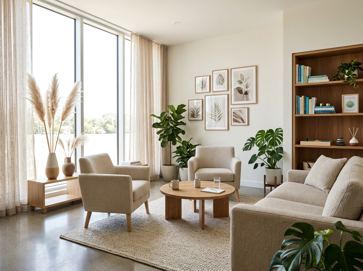 Bright living room with beige sofas, armchairs, wooden coffee table, bookshelves, large window with sheer curtains, and framed botanical art on the wall.