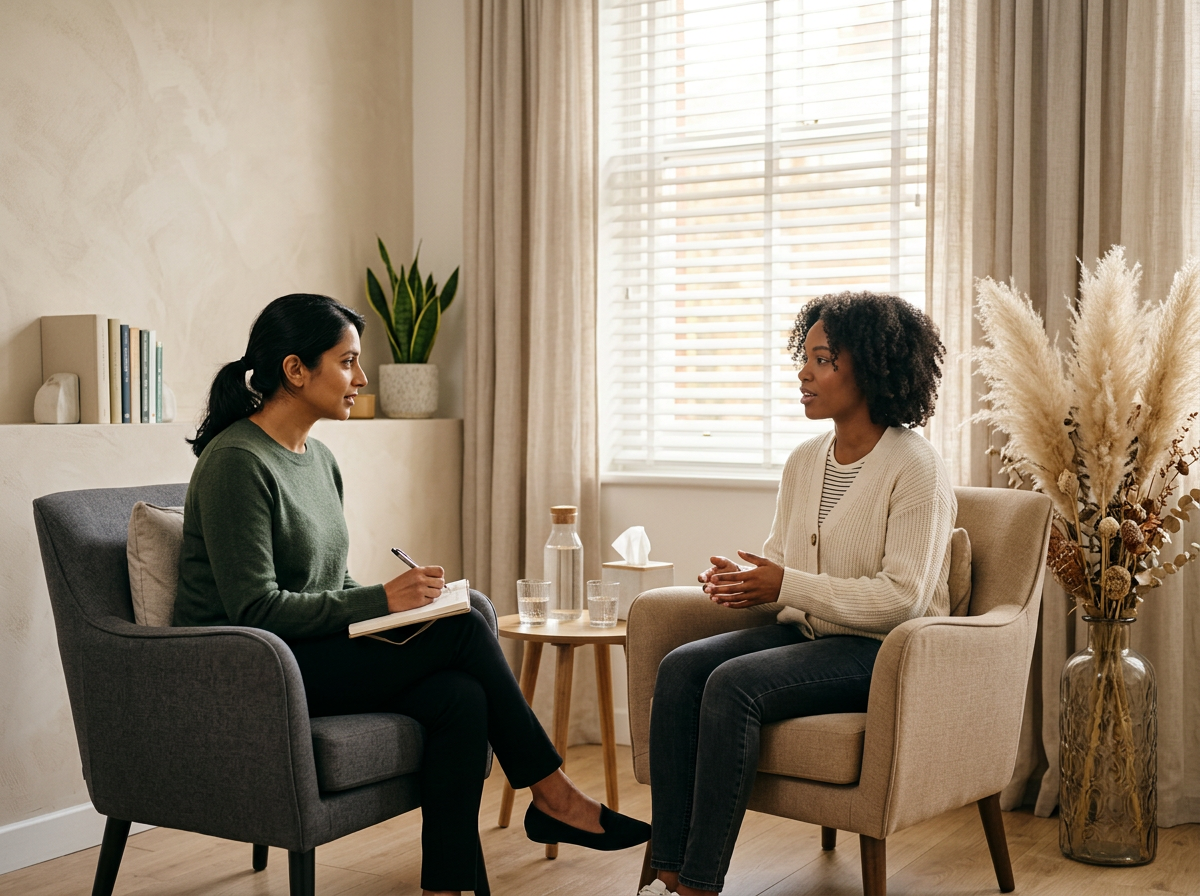 Two women sitting in a cozy living room, facing each other, engaged in conversation. One is taking notes in a notepad, while the other is speaking. A small table with glasses and a water pitcher between them, with a window and decorative plants in the background.