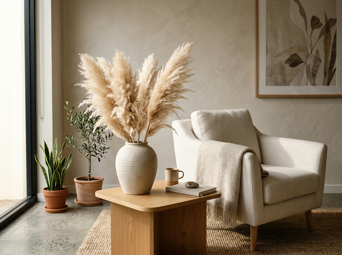A cozy living room corner with a beige armchair, neutral-toned throw blanket, wooden side table with a large vase of pampas grass, a mug, and a book. There are two potted plants on the floor next to a large window, and a framed botanical artwork on the wall.