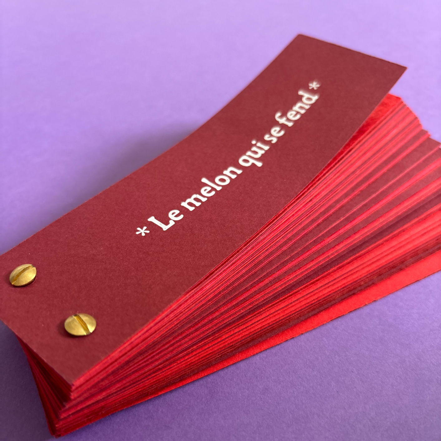 Un carnet de notes rouge avec la phrase en français « Le melona qui se fend » écrit en blanc sur la couverture, posé sur un fond violet.