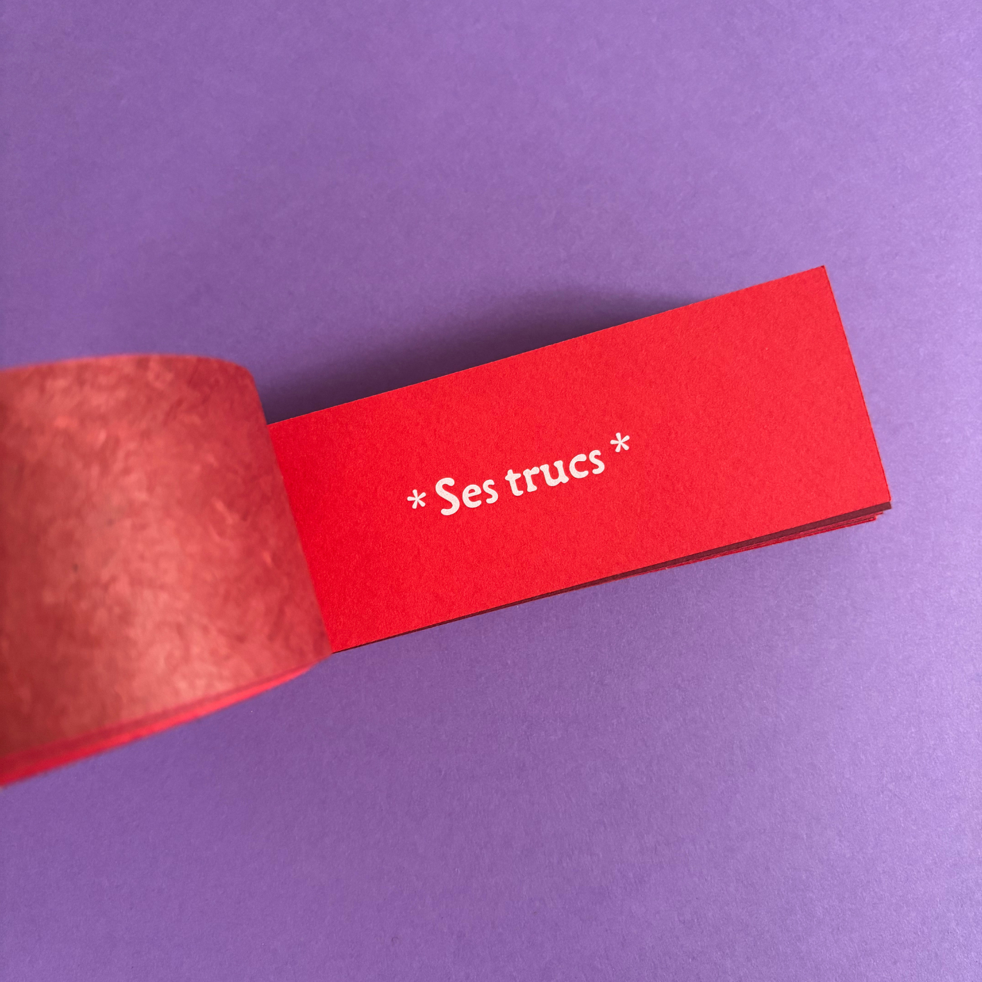 Une bande de papier rouge avec l'inscription '*Ses trucs*' en blanc, posée sur un fond violet.