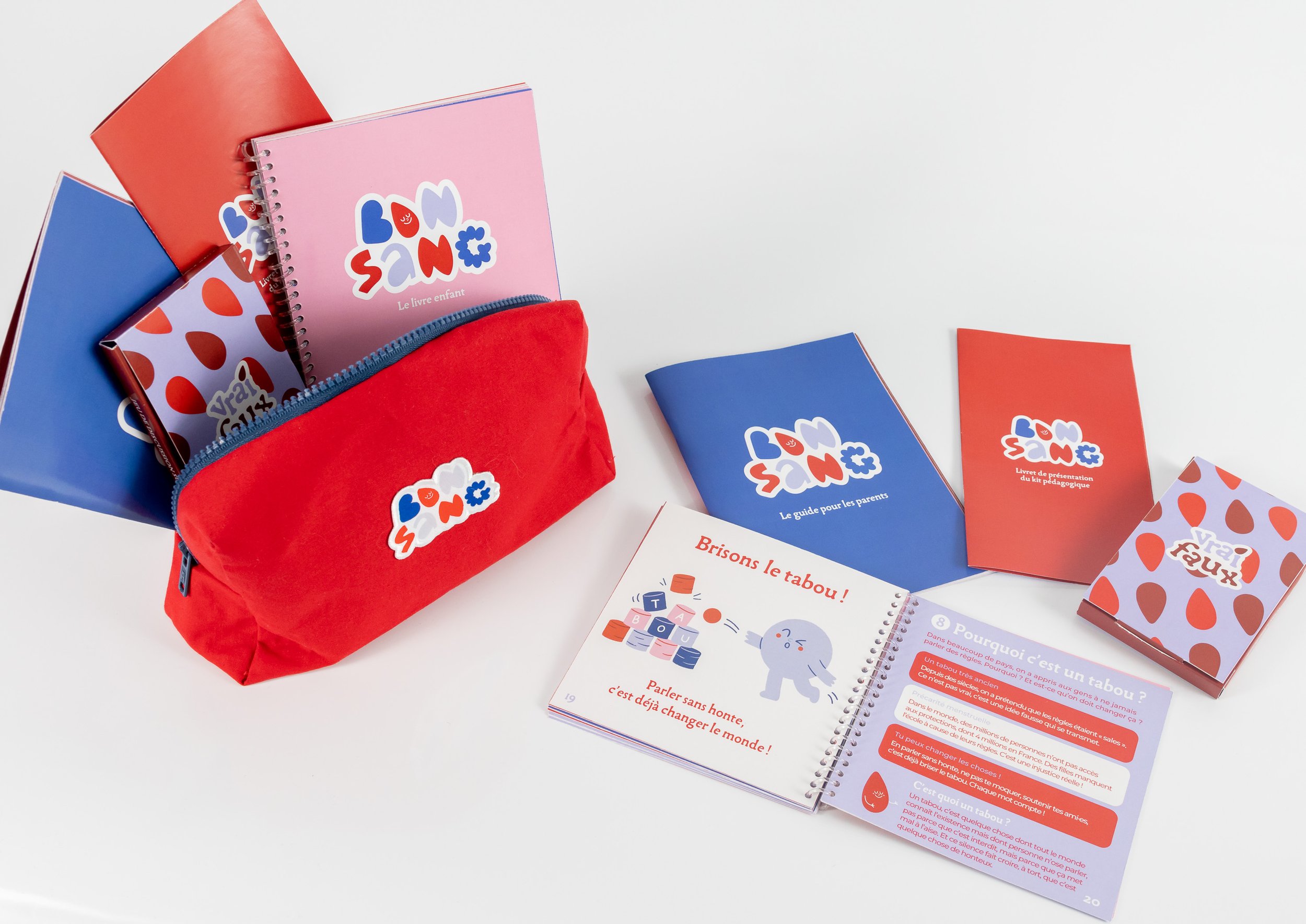 Une collection de livres, brochures et un sac rouge avec des logos colorés. Les livres ont des couleurs vives comme le bleu, le rouge et le rose, et semblent liés à une thématique éducative ou pour enfants.