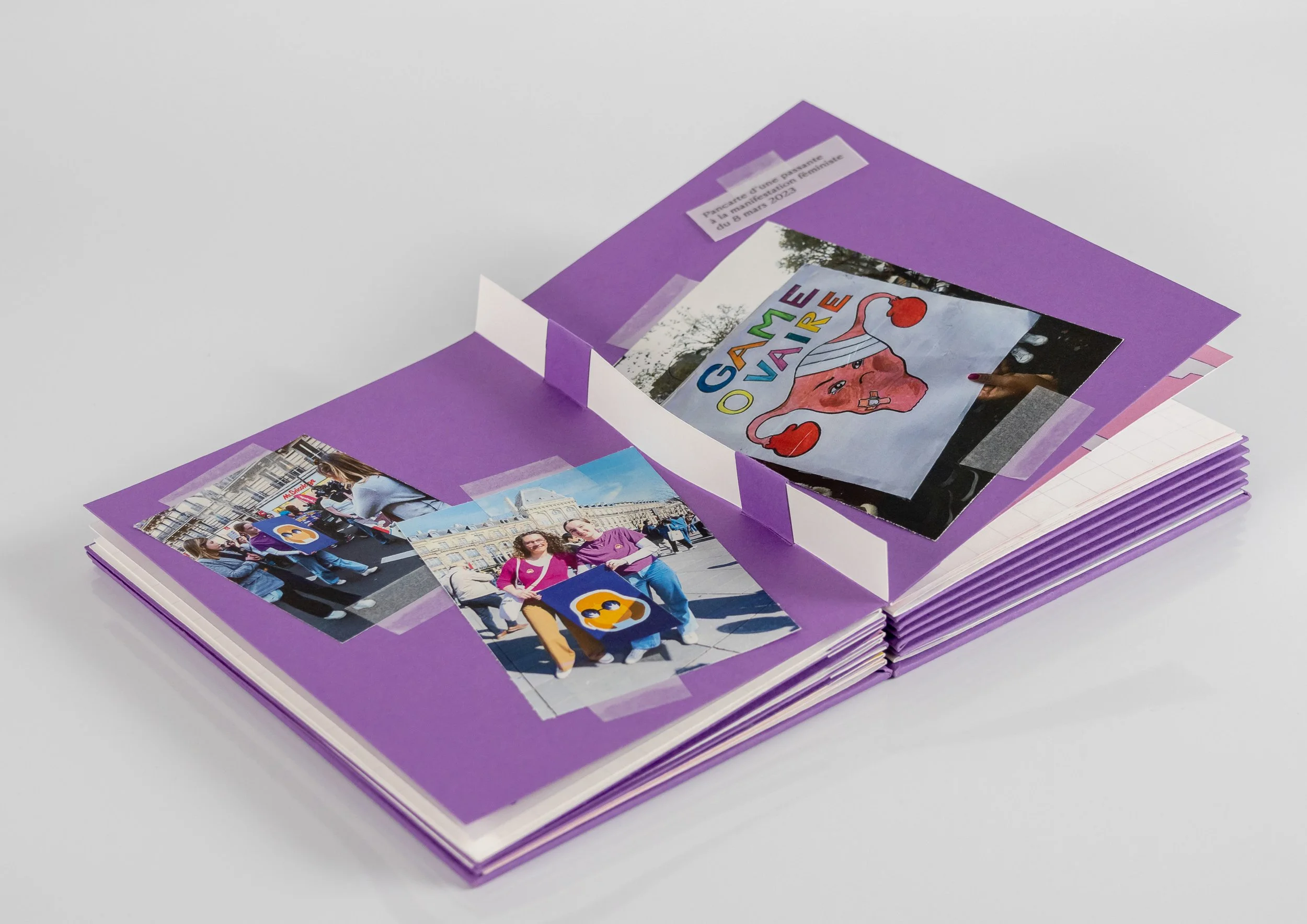 Carnet violet avec plusieurs photos collées, dont une avec un dessin représentant un utérus humain avec des ovaries et la phrase 'GAMME OVARE' en couleurs.