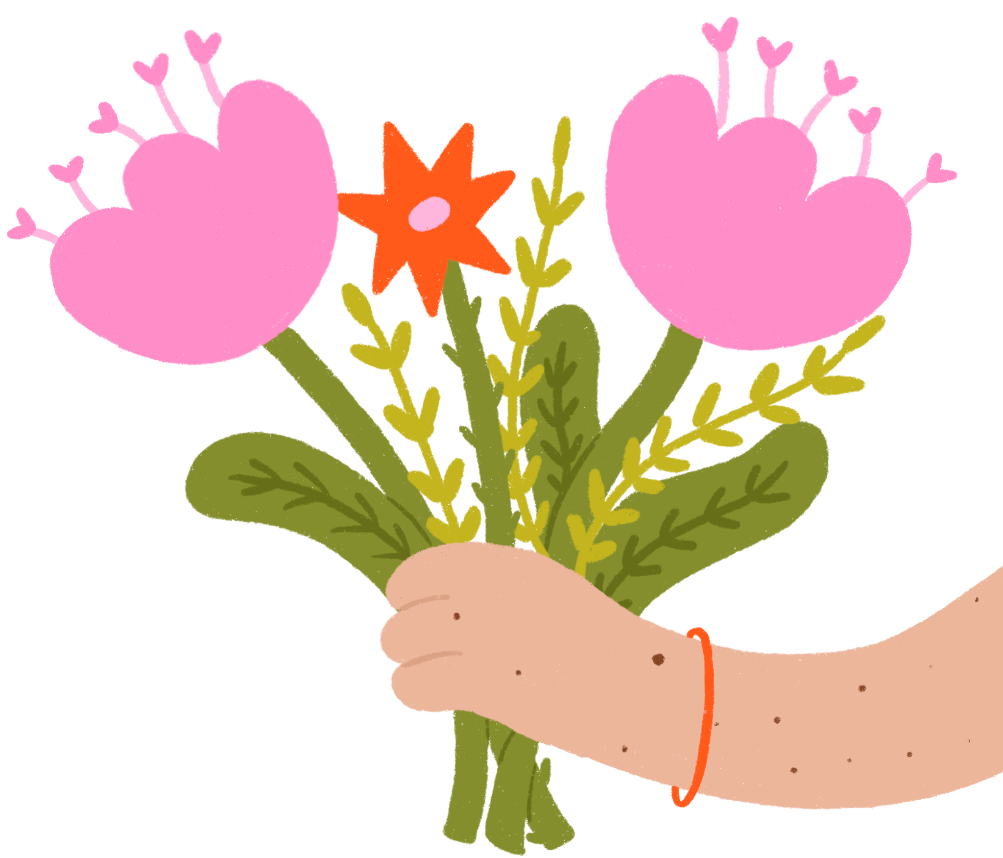 Une main tient un bouquet de fleurs roses, orange, vertes et beiges, avec un style illustré.