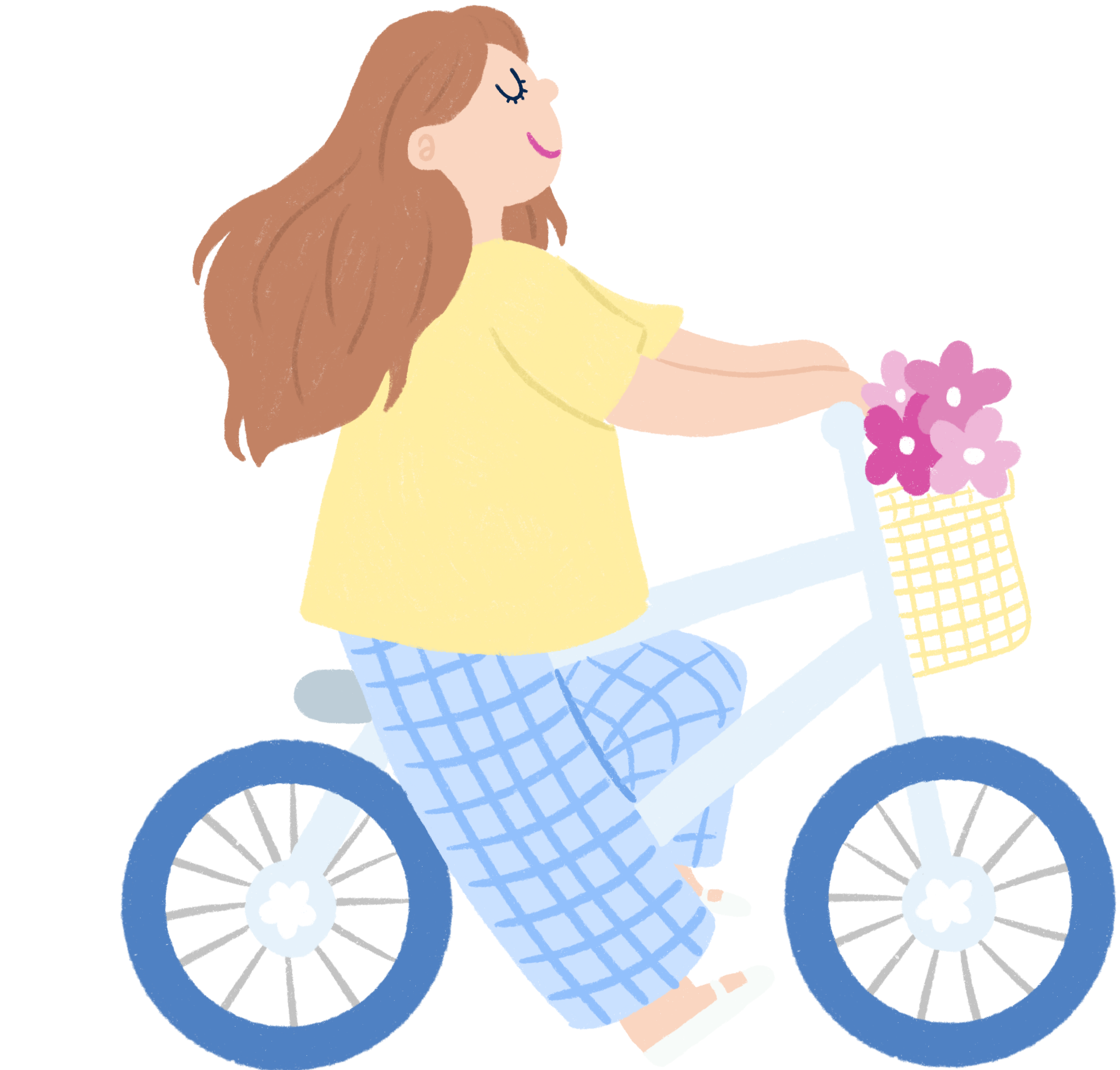 Une jeune fille avec de longs cheveux bruns, portant un haut jaune, semble être en train de faire du shopping ou de choisir des articles, avec un panier rempli d'objets ou de fleurs colorées.