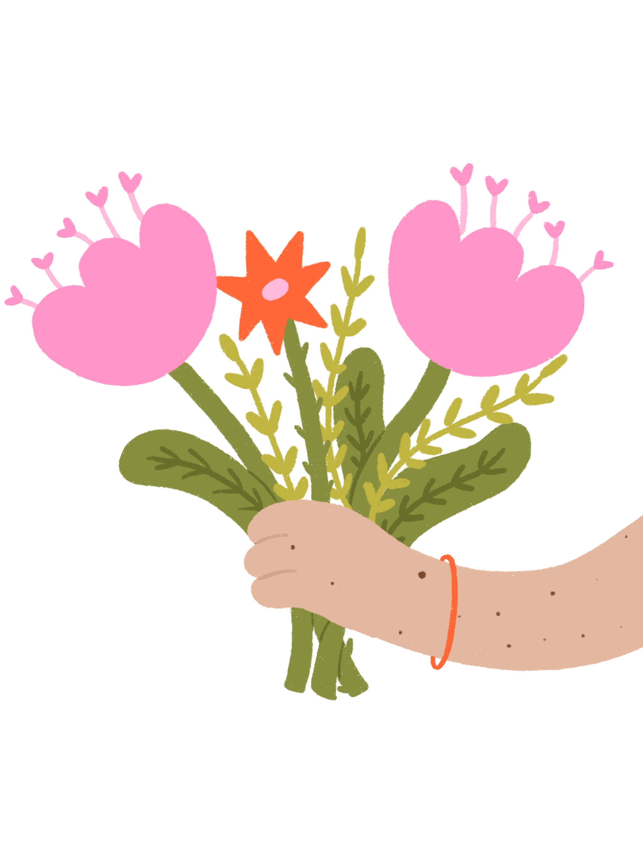 Une main tenant un bouquet de fleurs, comprenant des fleurs roses, une orange en forme d'étoile et des feuilles vertes, sur un fond rose