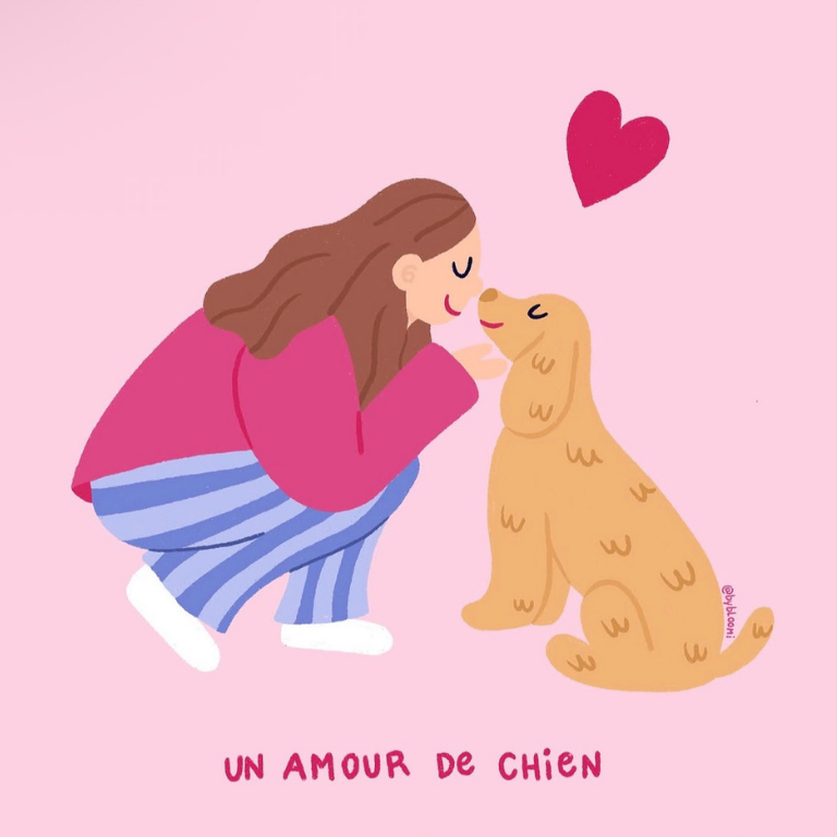 Une fille embrasse un chien avec un cœur en arrière-plan, sur un fond rose, illustration douce et mignonne.