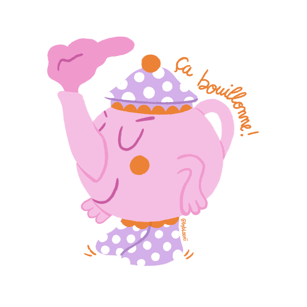Un éléphant rose portant un chapeau de clown violet à pois blancs et une tenue à pois blancs, faisant un clin d'œil.