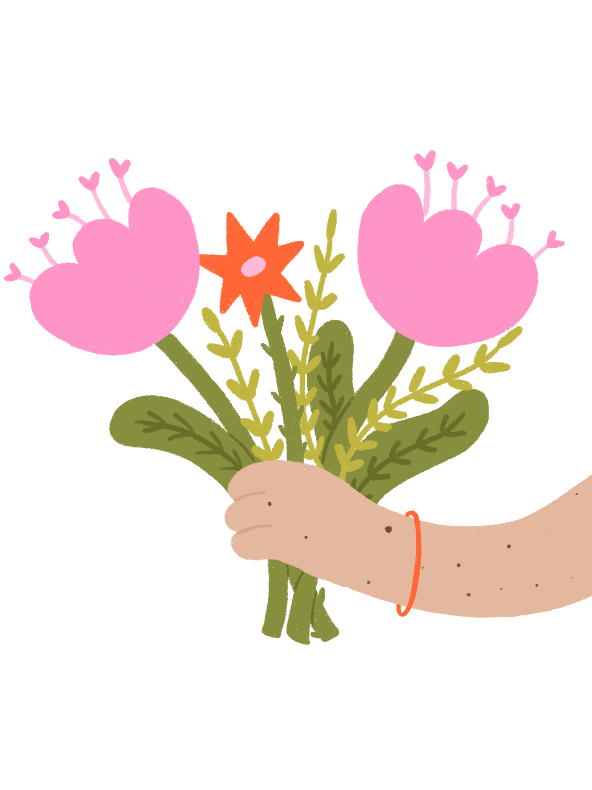 Une main tenant un bouquet de fleurs avec des coeurs roses, une étoile orange et des feuilles vertes
