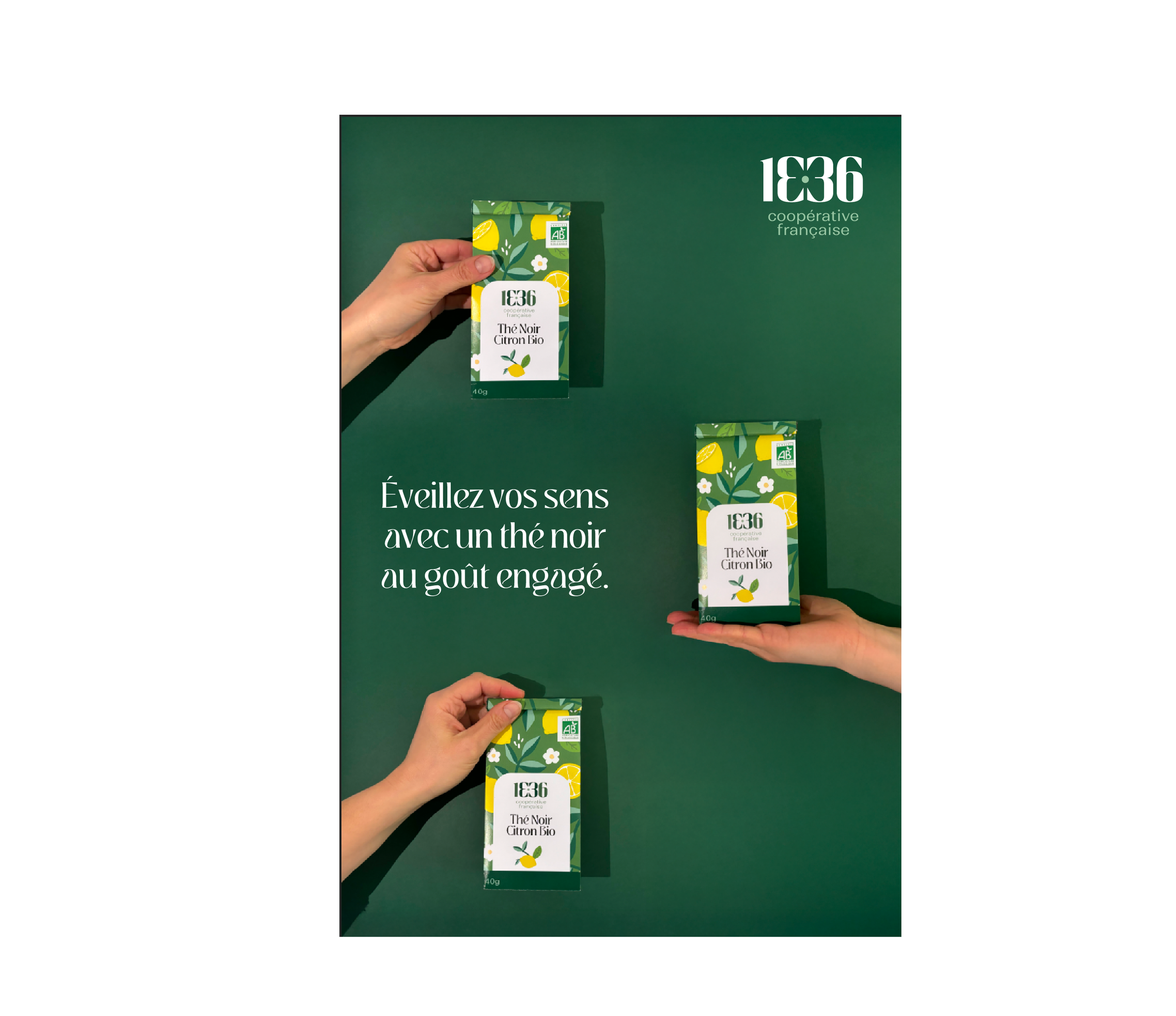 Paquet de thé bio au citron, coloré avec des motifs de citron et de fleurs, tenu par une main, affiché contre un mur vert avec le logo 1836 et la phrase « Éveillez vos sens avec un thé noir au goût engagé ».