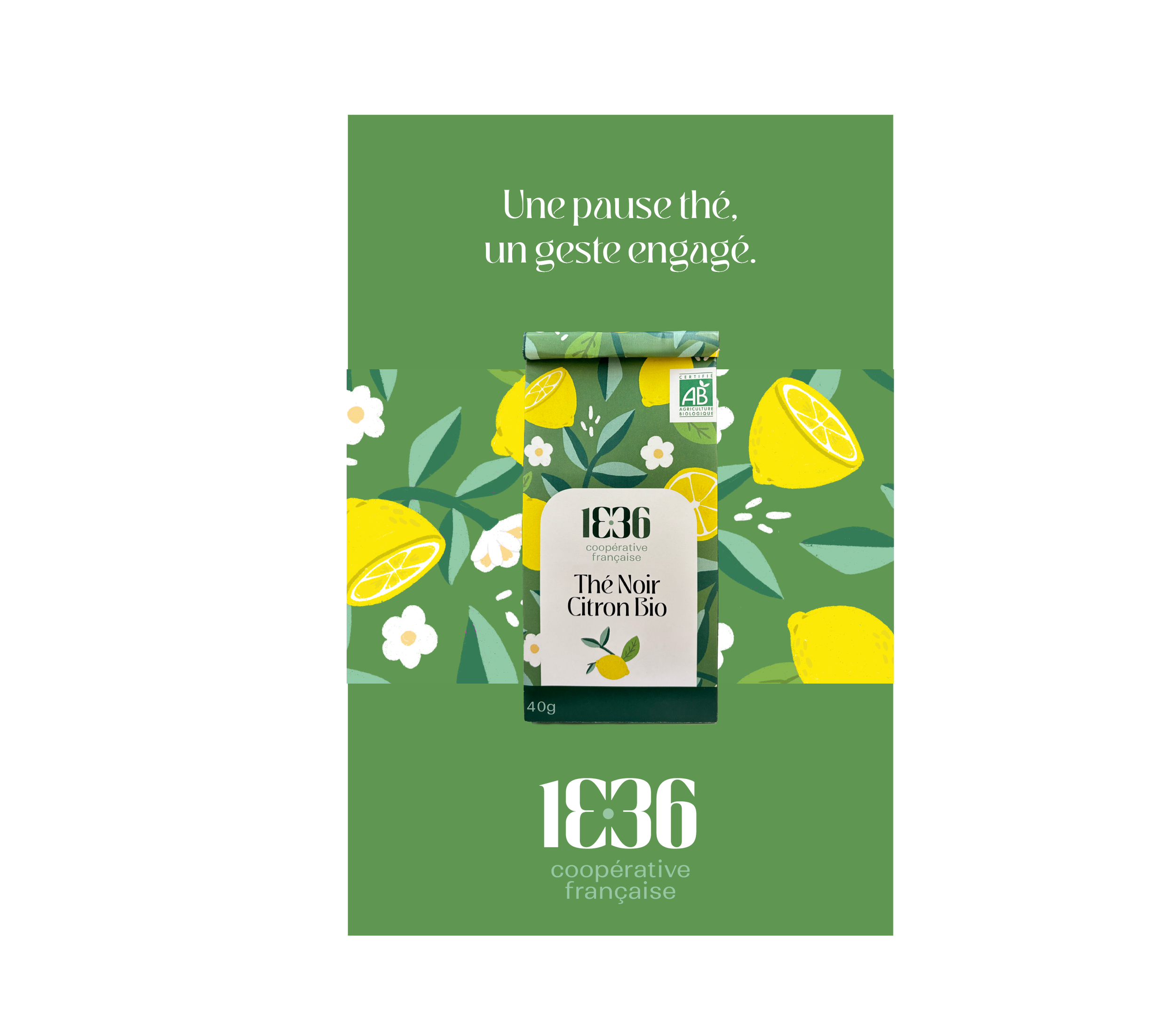 Emballage de thé bio citron dans un design vert avec des illustrations de citron et de fleurs, avec le texte 'Thé Noir Citron Bio'.