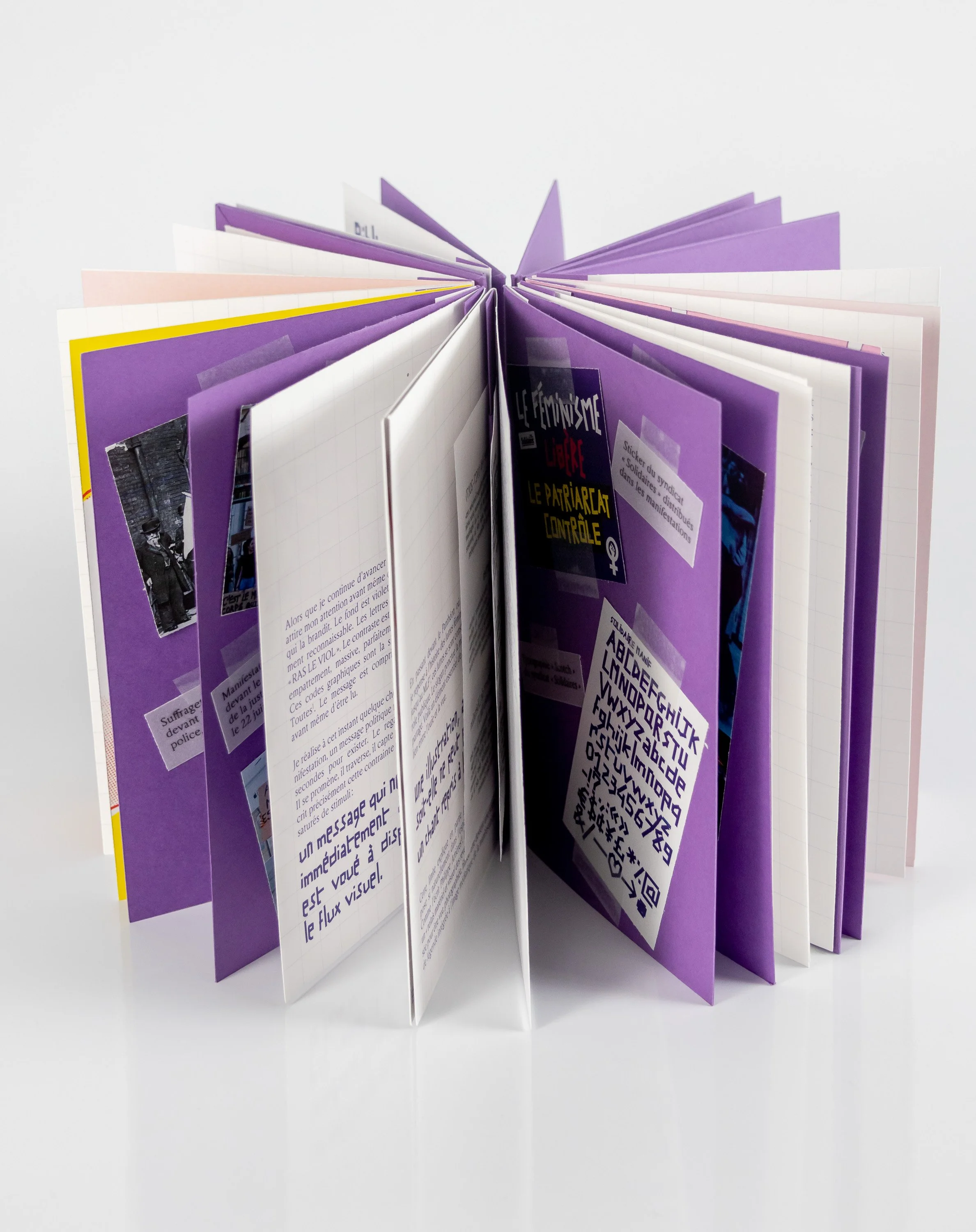 Un dépliant ou livret avec des pages violettes, blanches et roses, contenant du texte en français, des images et des graphiques, probablement un document informatif ou une brochure.