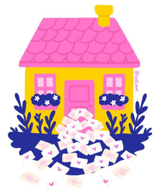 Une maison colorée avec un toit rose, murs jaunes, fenêtres avec des pots de fleurs et un chemin de cartes en forme de cœur devant la porte.