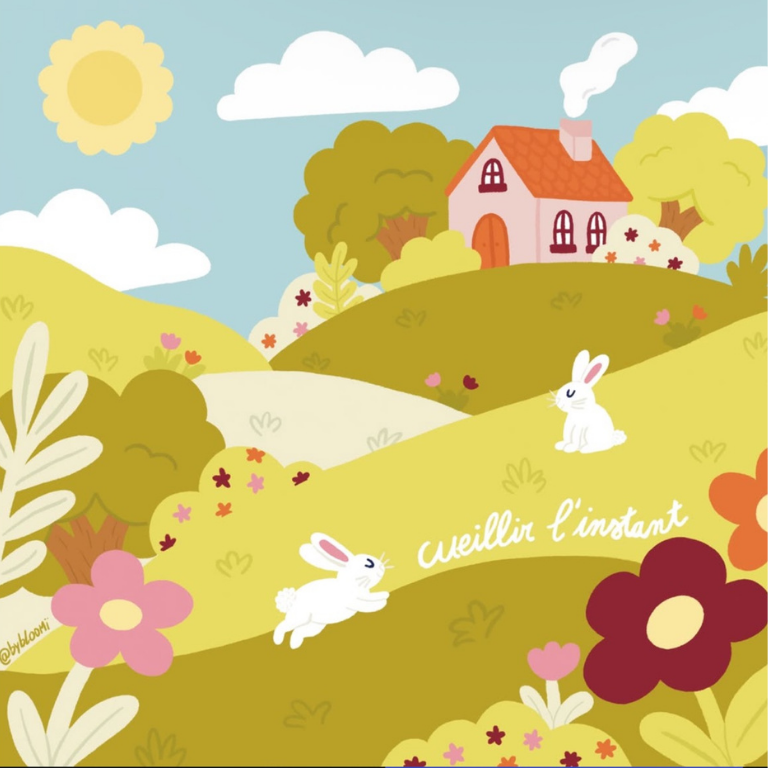 Scène champêtre colorée avec un soleil, des nuages, une maison, des arbres, des fleurs et deux lapins blancs dans un paysage ondulé, avec le texte « Cueillir l'instant ».