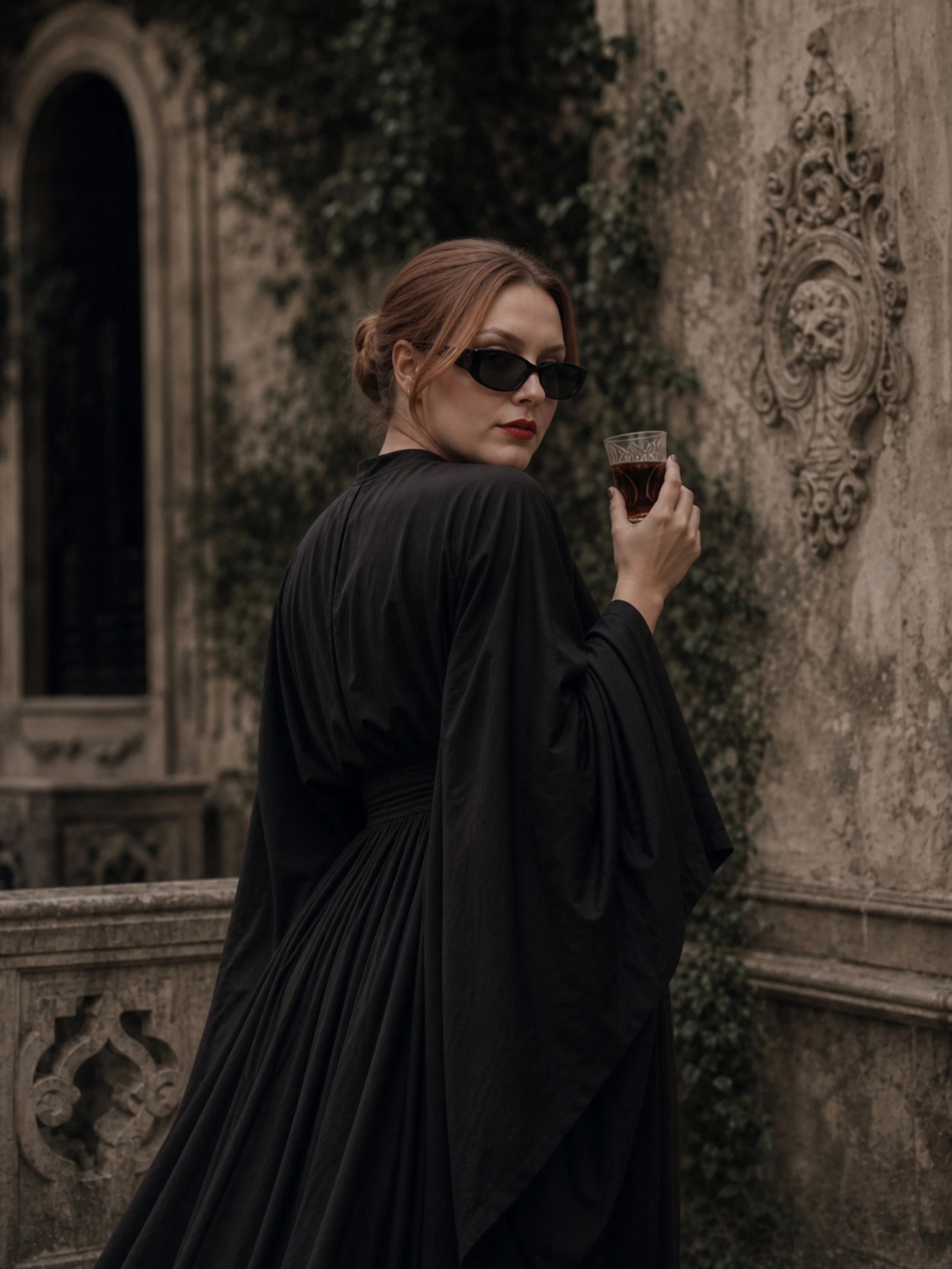 A woman with red hair, wearing black sunglasses and a black dress, holding a glass of dark liquid, standing outdoors near a stone wall with decorative carvings.