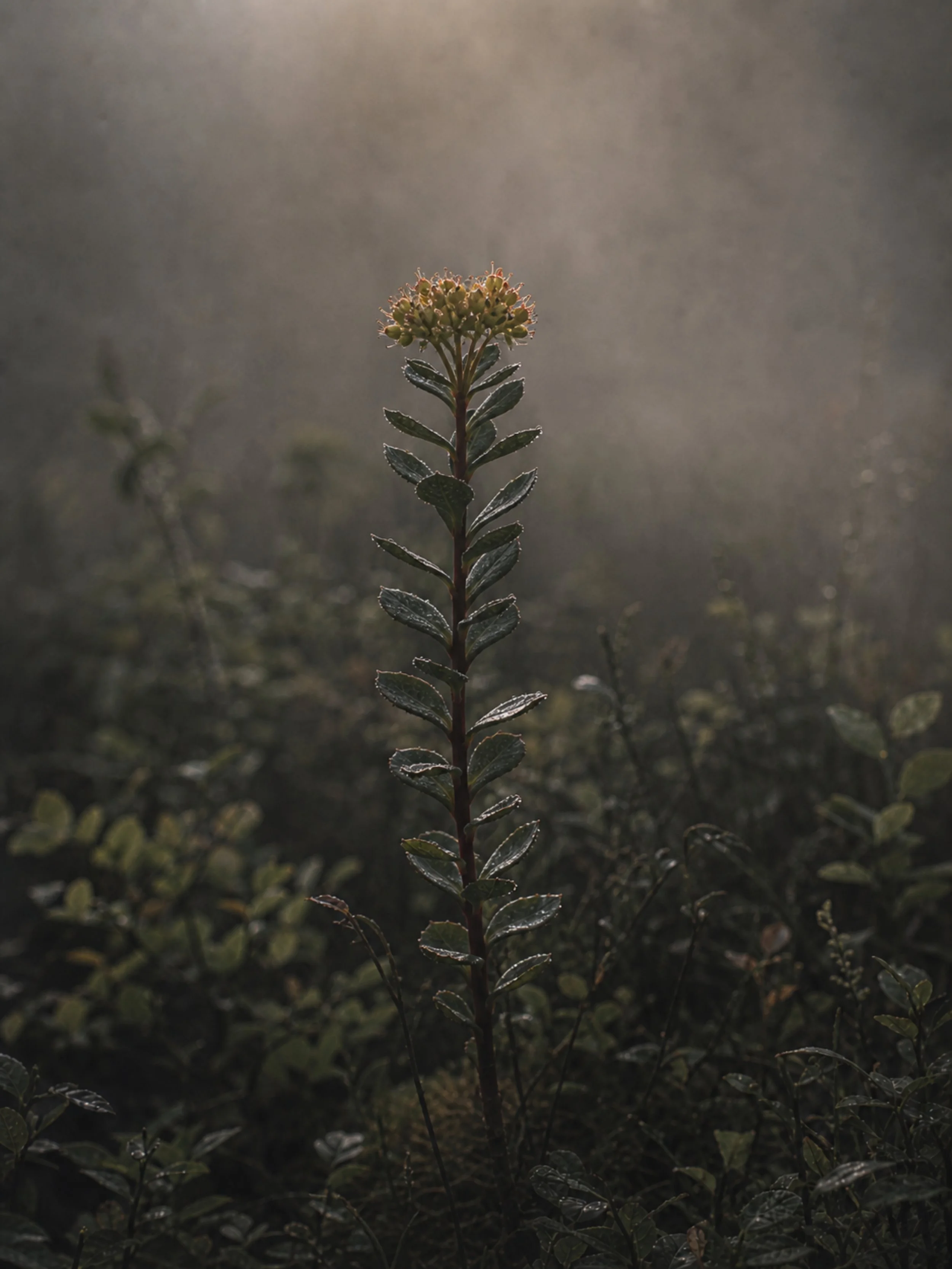 A single plant with dark green, shiny, oval-shaped leaves and a cluster of small pale yellow flowers at the top, standing in a forest or field with mist or fog, illuminated by soft, warm light.