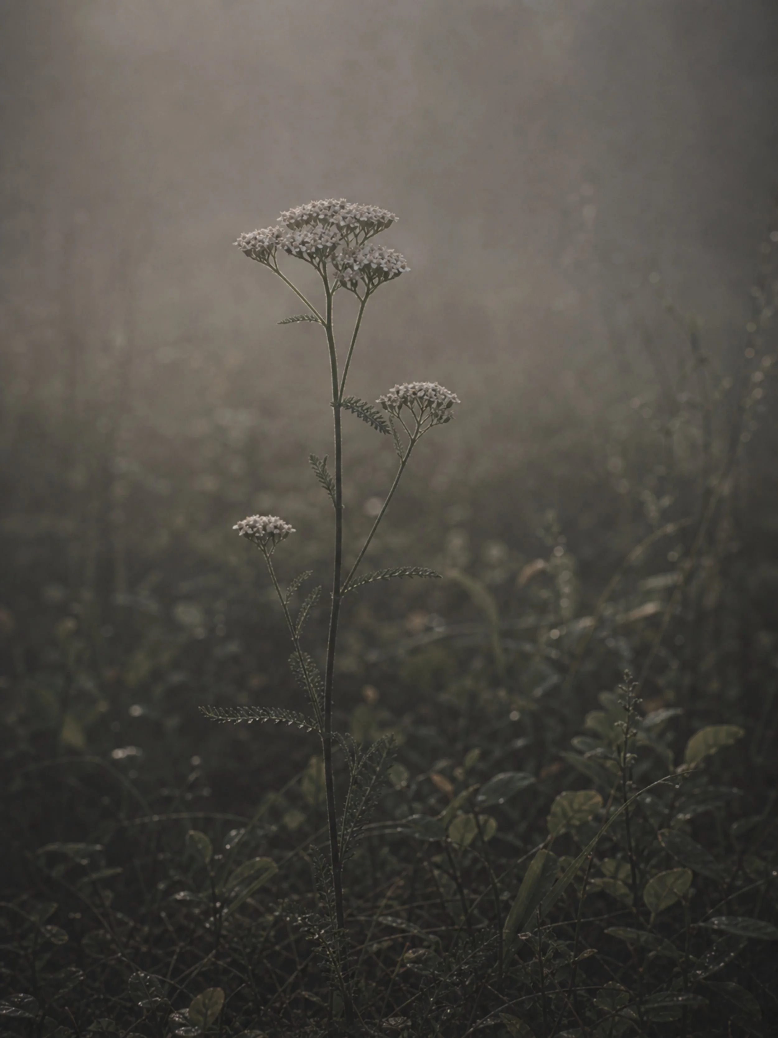 A single tall plant with white flowers blooming in a misty, dark, outdoor setting.