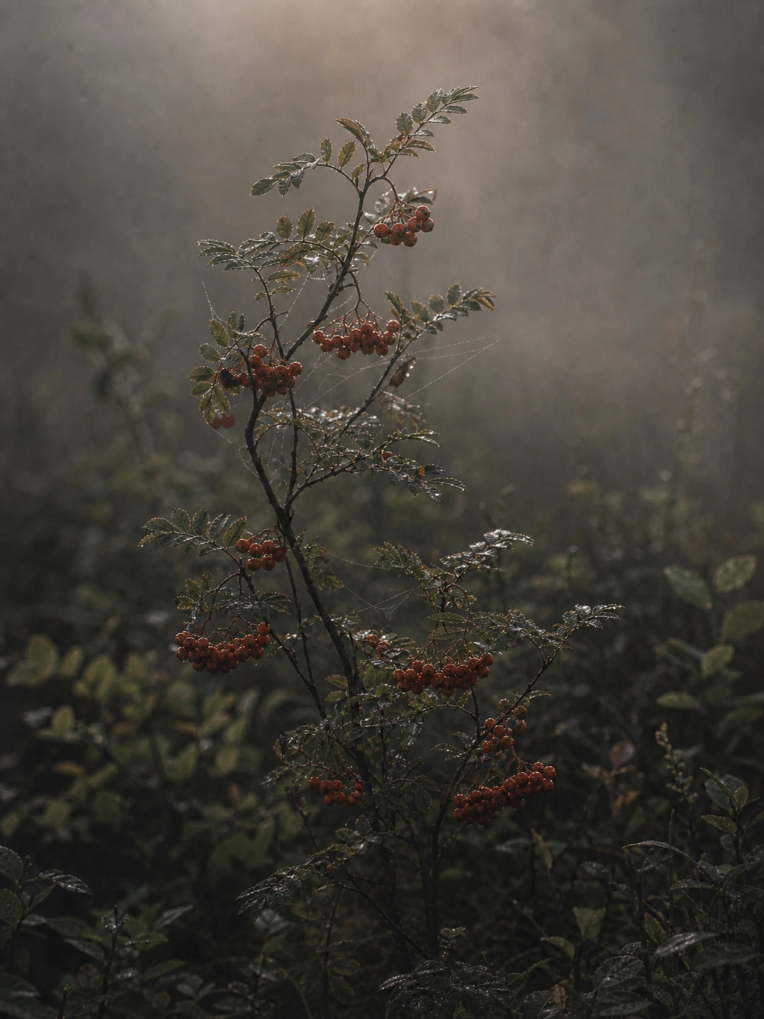 A small shrub with clusters of orange berries and green leaves, covered in dewdrops, set against a hazy, muted background.