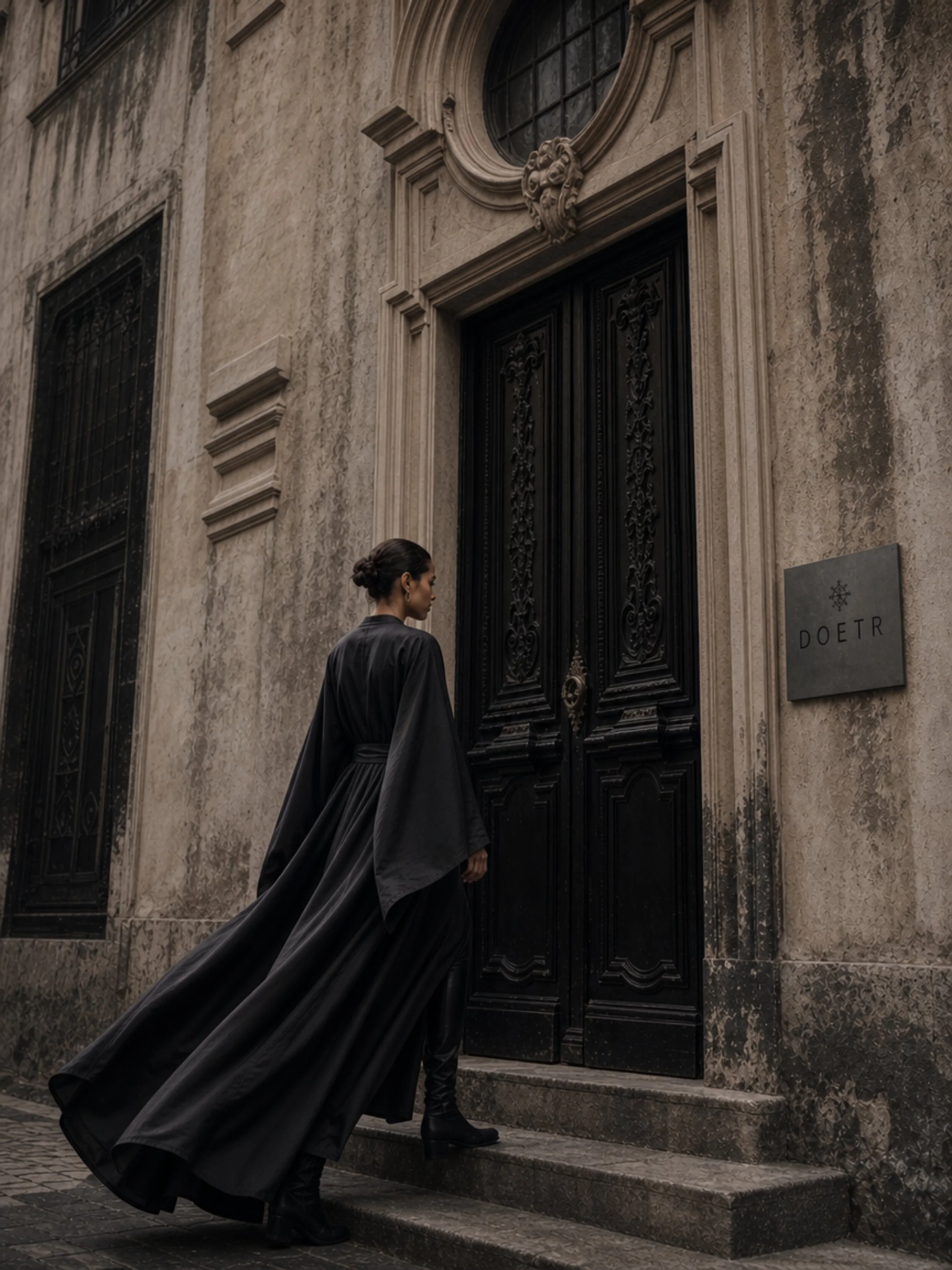 A woman dressed in a black coat with a long flowing train standing before a large ornate black door on a stone building.
