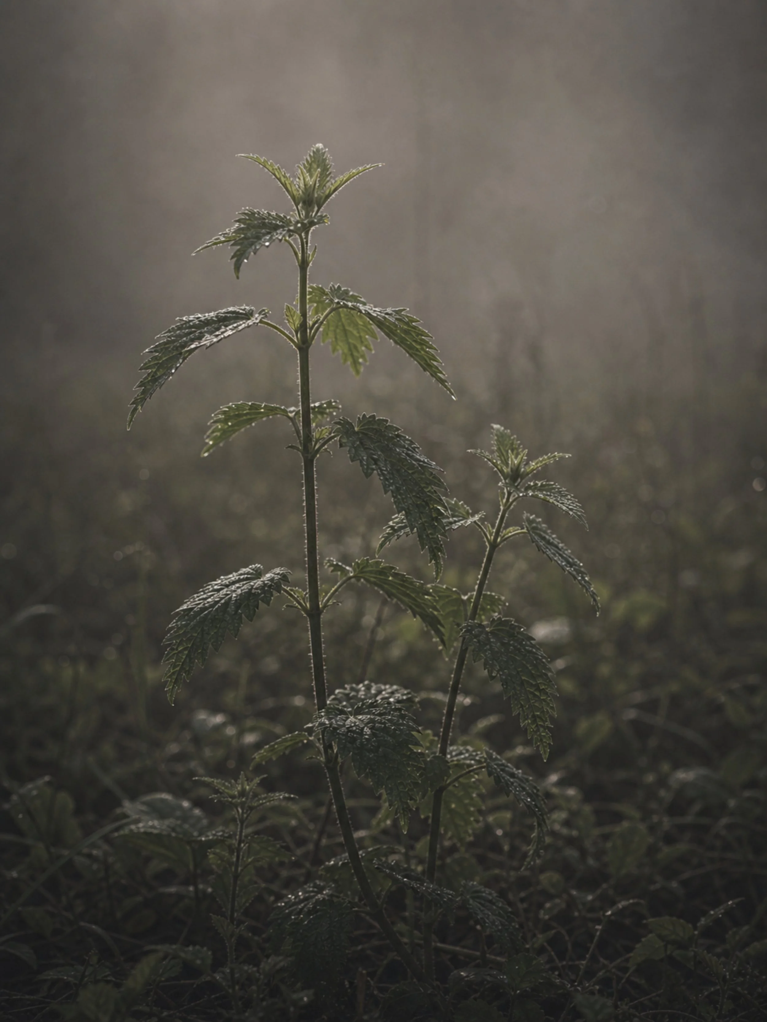 A young green plant with serrated leaves growing in a garden, illuminated by soft sunlight in a misty or foggy environment.