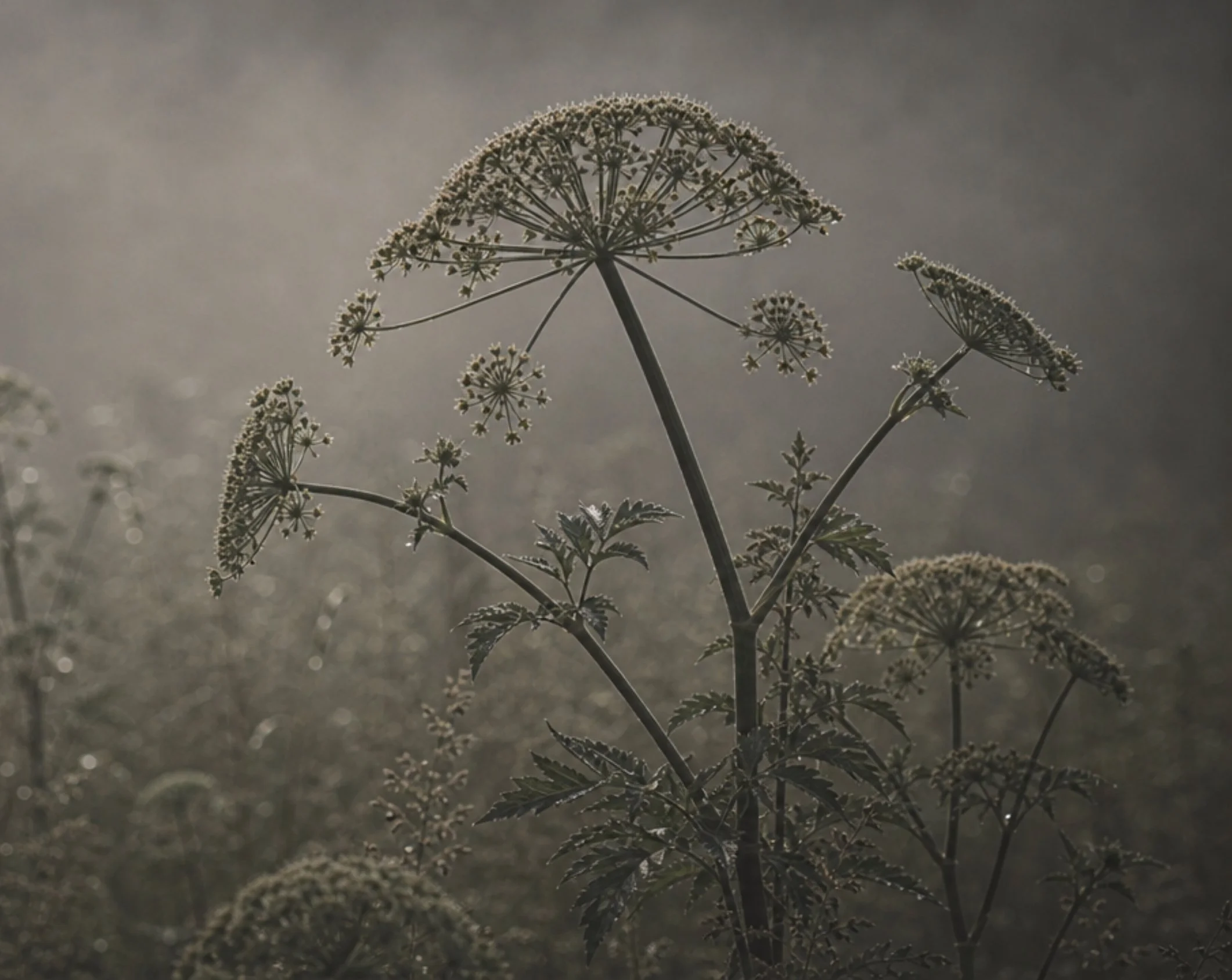 A close-up of dried wildflowers with umbrella-shaped clusters of tiny flowers, backlit by soft sunlight with a blurred background.