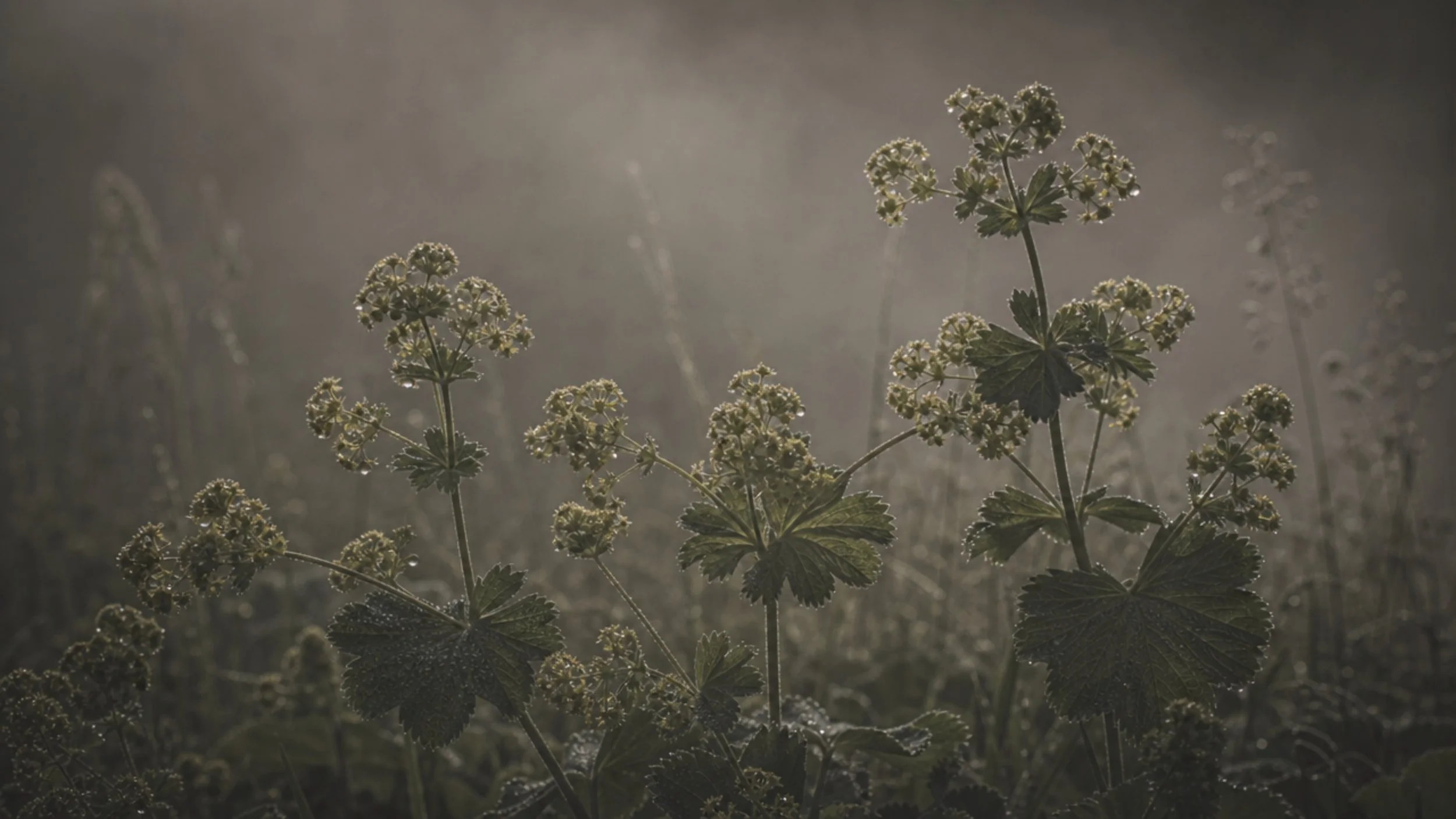 Close-up of green plants with small white flowers, covered in dew, backlit by sunlight