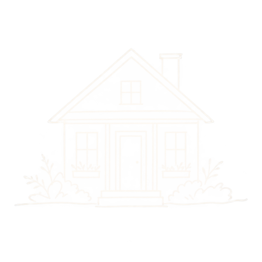 White chalk sketch of a house with a gabled roof, front steps, windows, and bushes on either side, on a black background.
