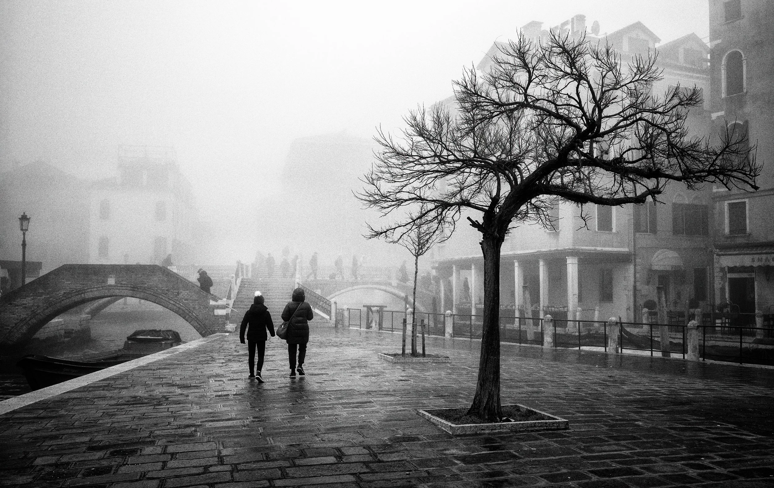 Two people walk beside a large tree on a stone bridge surrounded by buildings and street lamps fading into the fog.