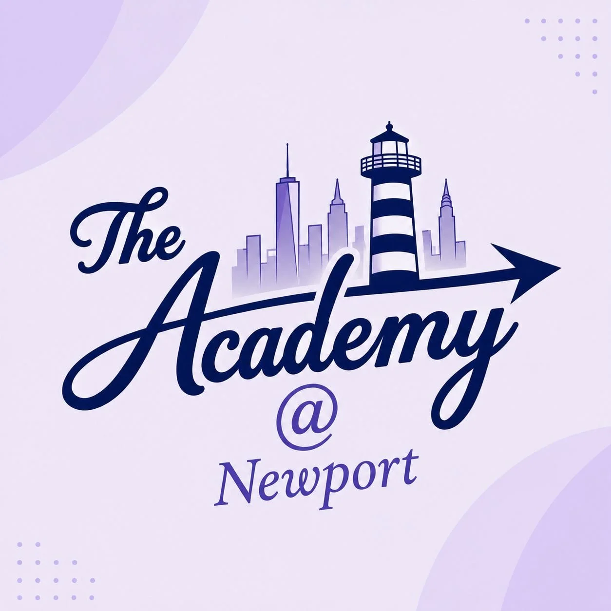 Logo for The Academy at Newport featuring a city skyline with a lighthouse, purple and white color scheme.