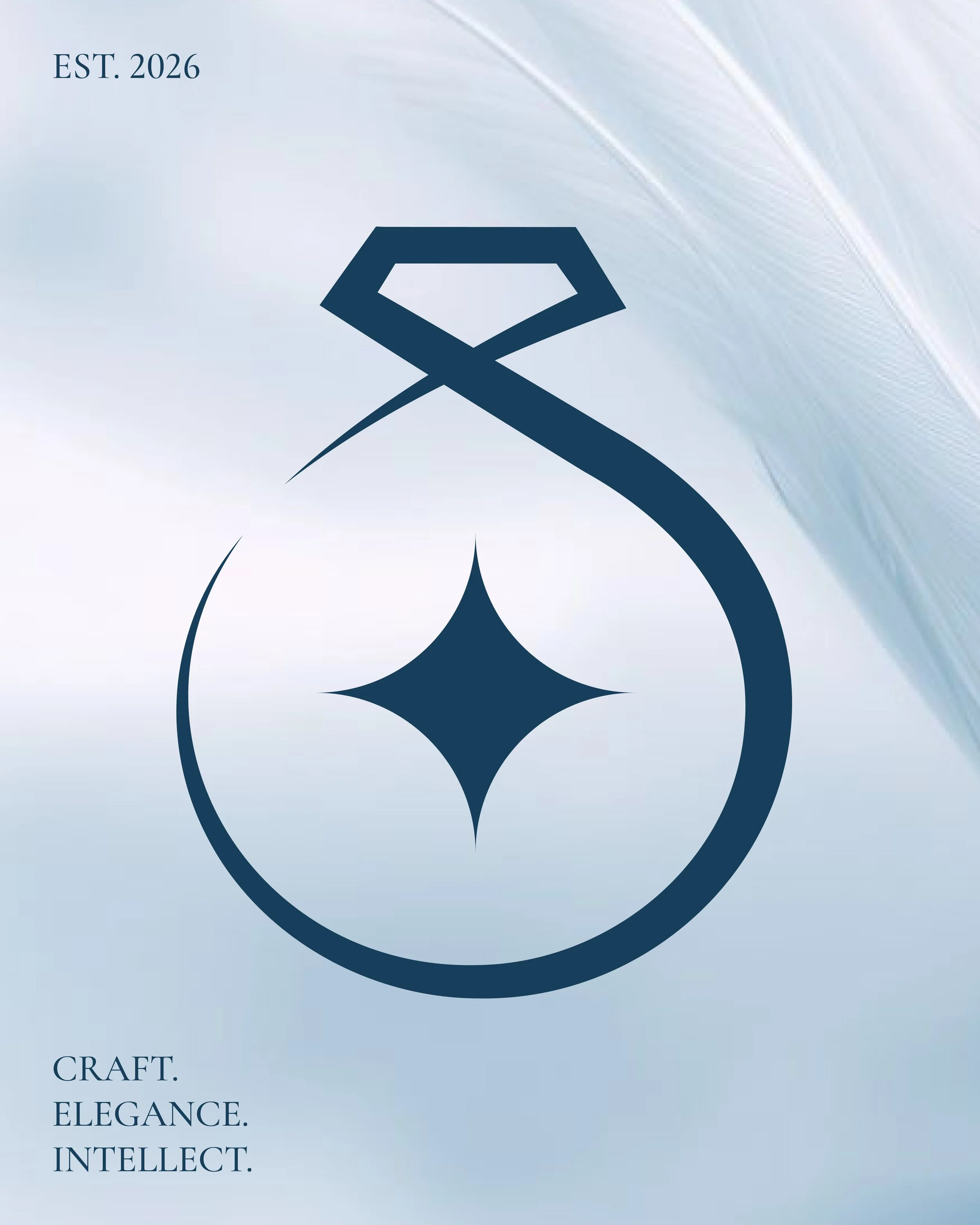 Sake Jewels logo with a stylized diamond shape inside a circle, with text in the upper left corner saying 'EST. 2026' and text at the bottom left saying 'CRAFT. ELEGANCE. INTELLECT. Founded by Praveen Sake.