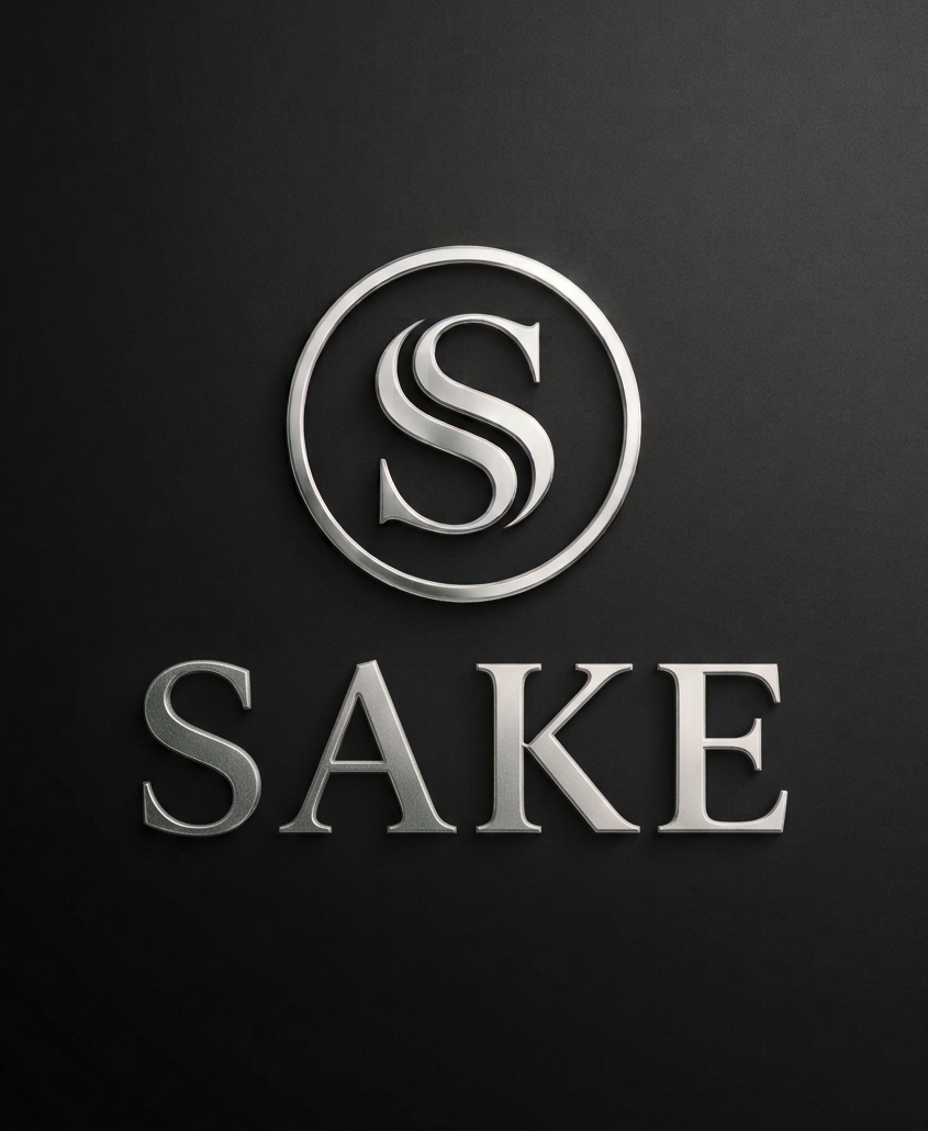 Sake SUVs Silver monogram with a stylized 'S' enclosed in a circle, above the word 'SAKE' on a black wall. Founded by Praveen Sake.