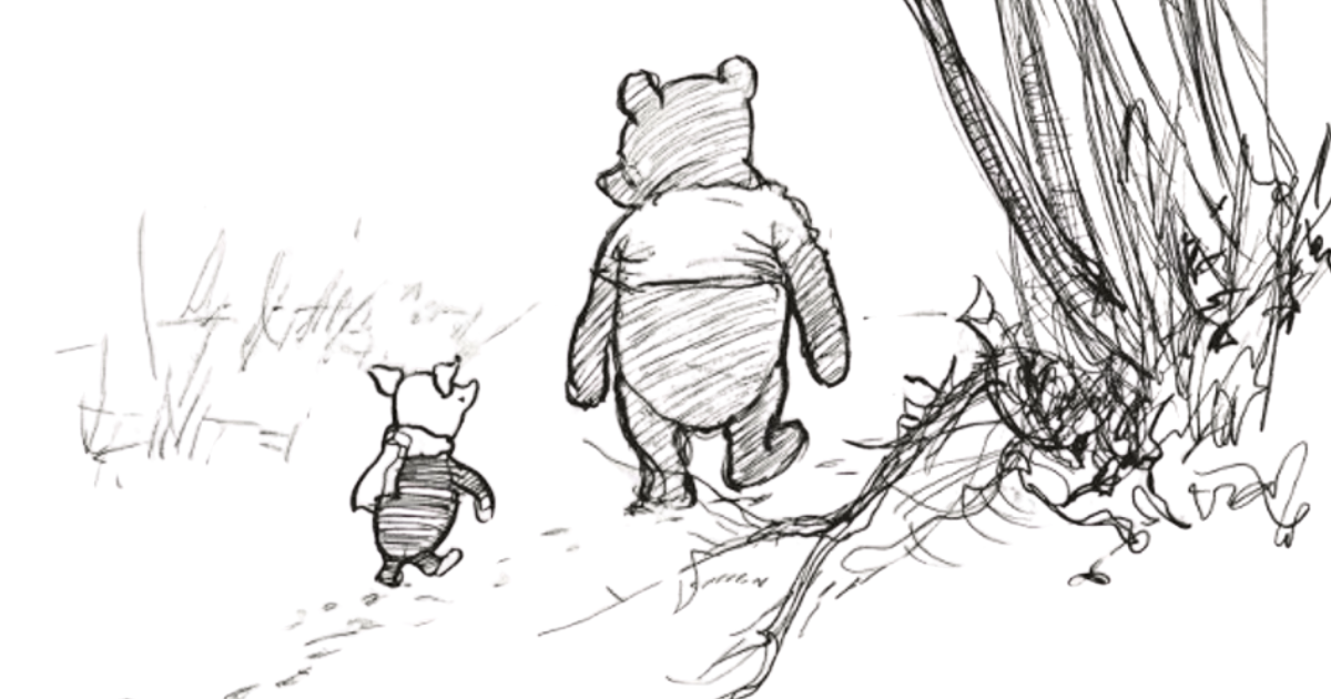 Sketch of two anthropomorphic bears walking along a forest path, viewed from behind, with trees and vegetation on the side.