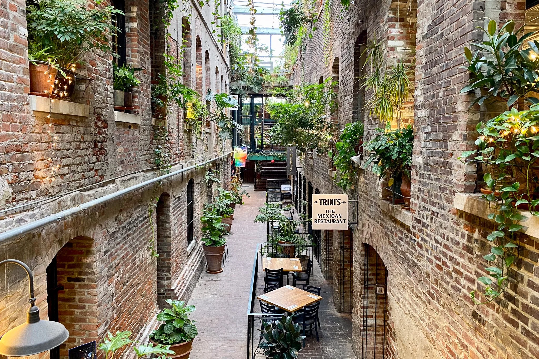 A narrow indoor courtyard with exposed brick walls and large potted plants, featuring tables and chairs, a sign for Trini's The Mexican Restaurant, and natural light coming from large windows and a glass ceiling.