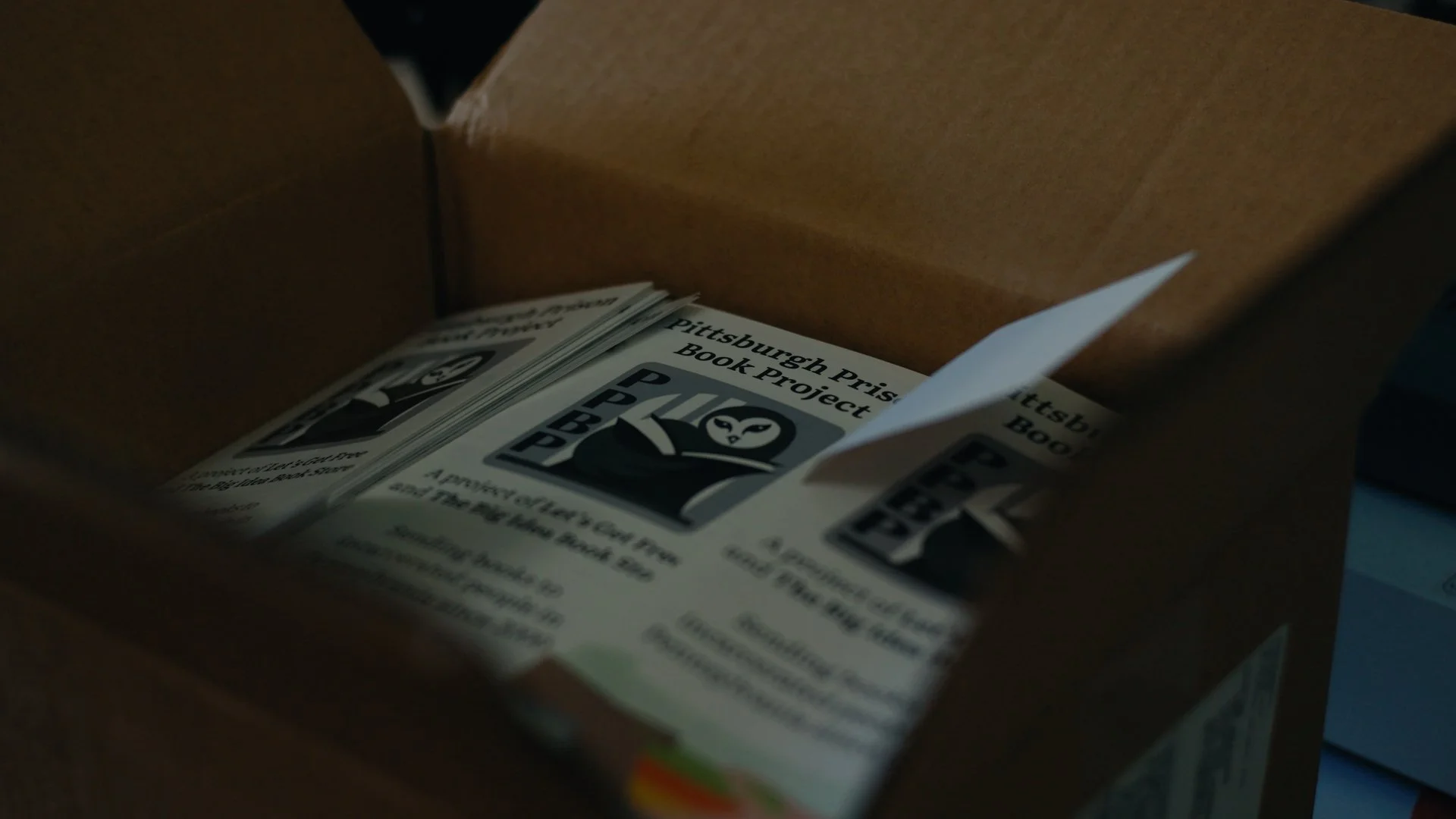 Booklets inside a brown cardboard box with a black and white owl logo and text about Pittsburgh Prison Book Project.