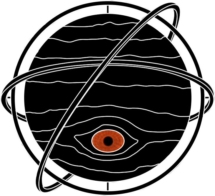 A digital illustration of a planet with rings and an eye at the center.