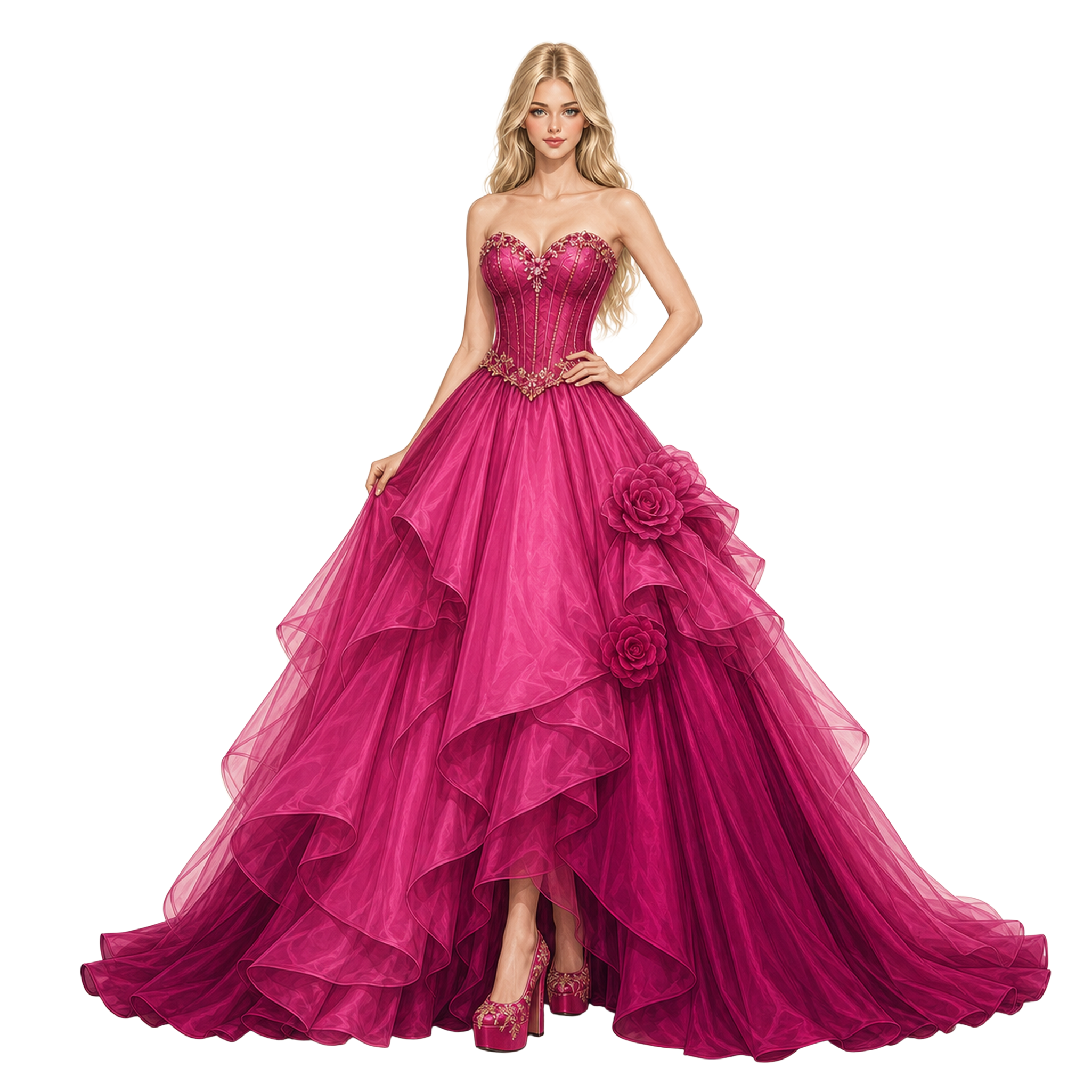 Blonde woman in a pink couture dress
