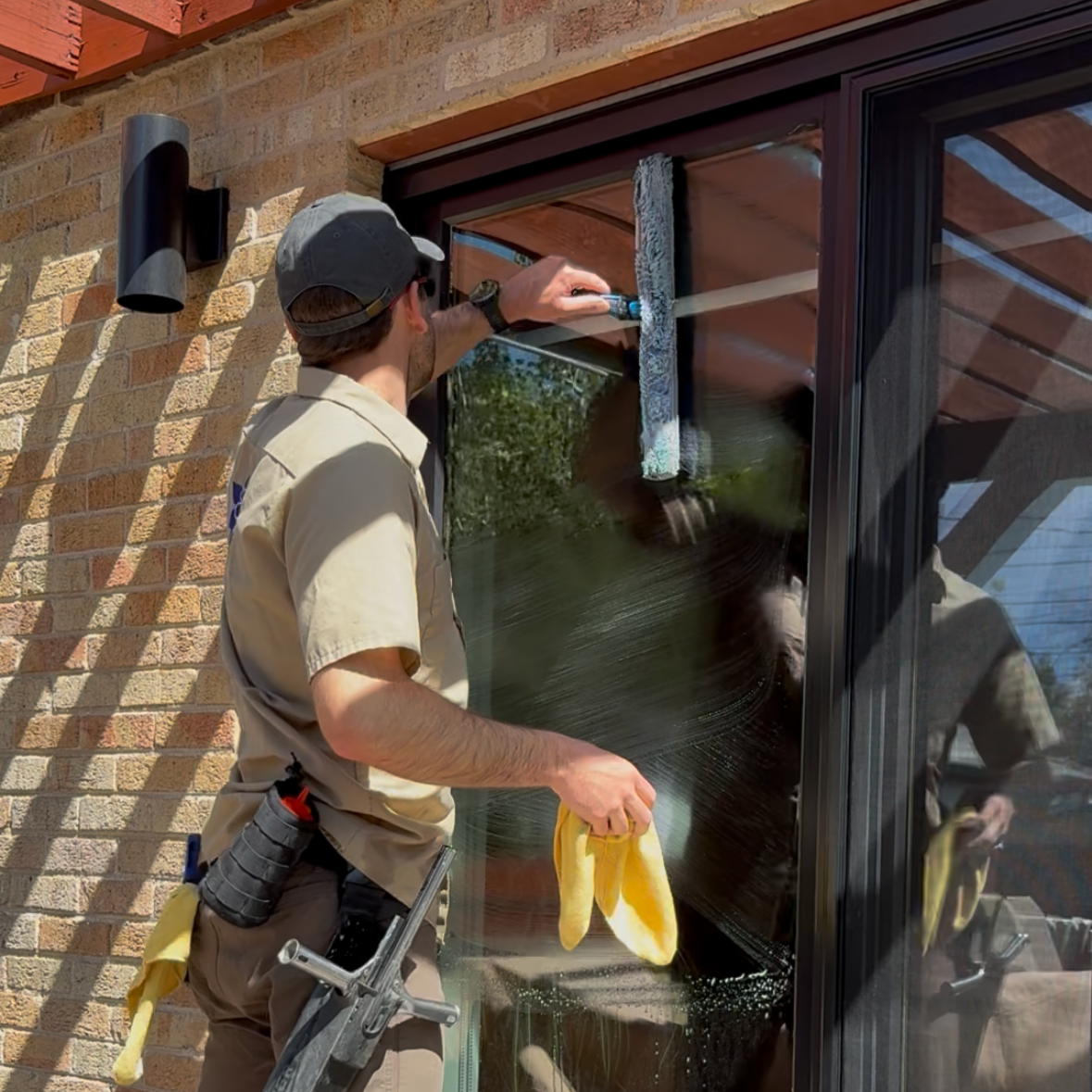 A worker cleaning an outside glass window with a professional squeegee and yellow micro-fiber clothes, wearing a tool belt.