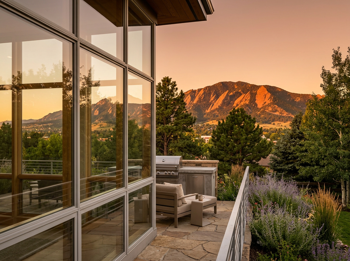 A patio attached to a house with large glass windows reflecting the sunset and the surrounding landscape of Boulder, Colorado.  The background features lush green trees and a mountain range illuminated by the setting sun.