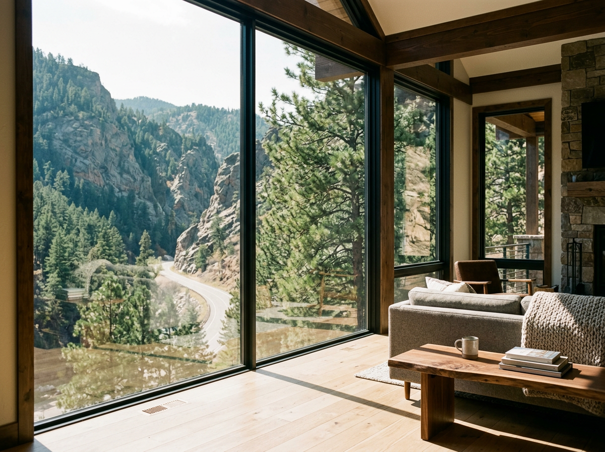 Living room with large floor-to-ceiling windows offering Golden mountain and forest views, wooden beams, stone fireplace, beige sofa, coffee table with books and mug.
