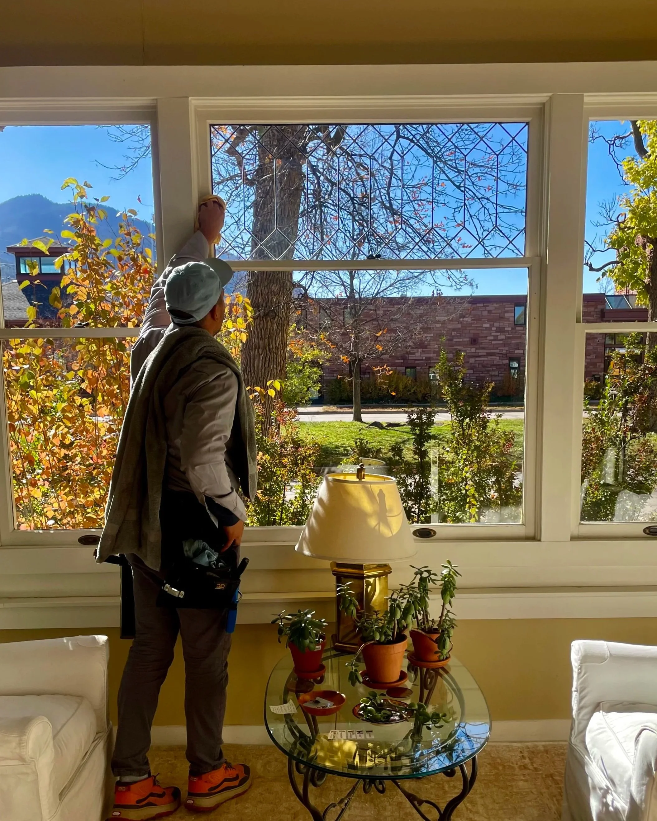 A technician cleaning decorative windows in a living room with a view of trees and mountains outside. The room has potted plants, a glass coffee table with items underneath, and a white couch and lamps. The scene is brightly lit with sunlight.